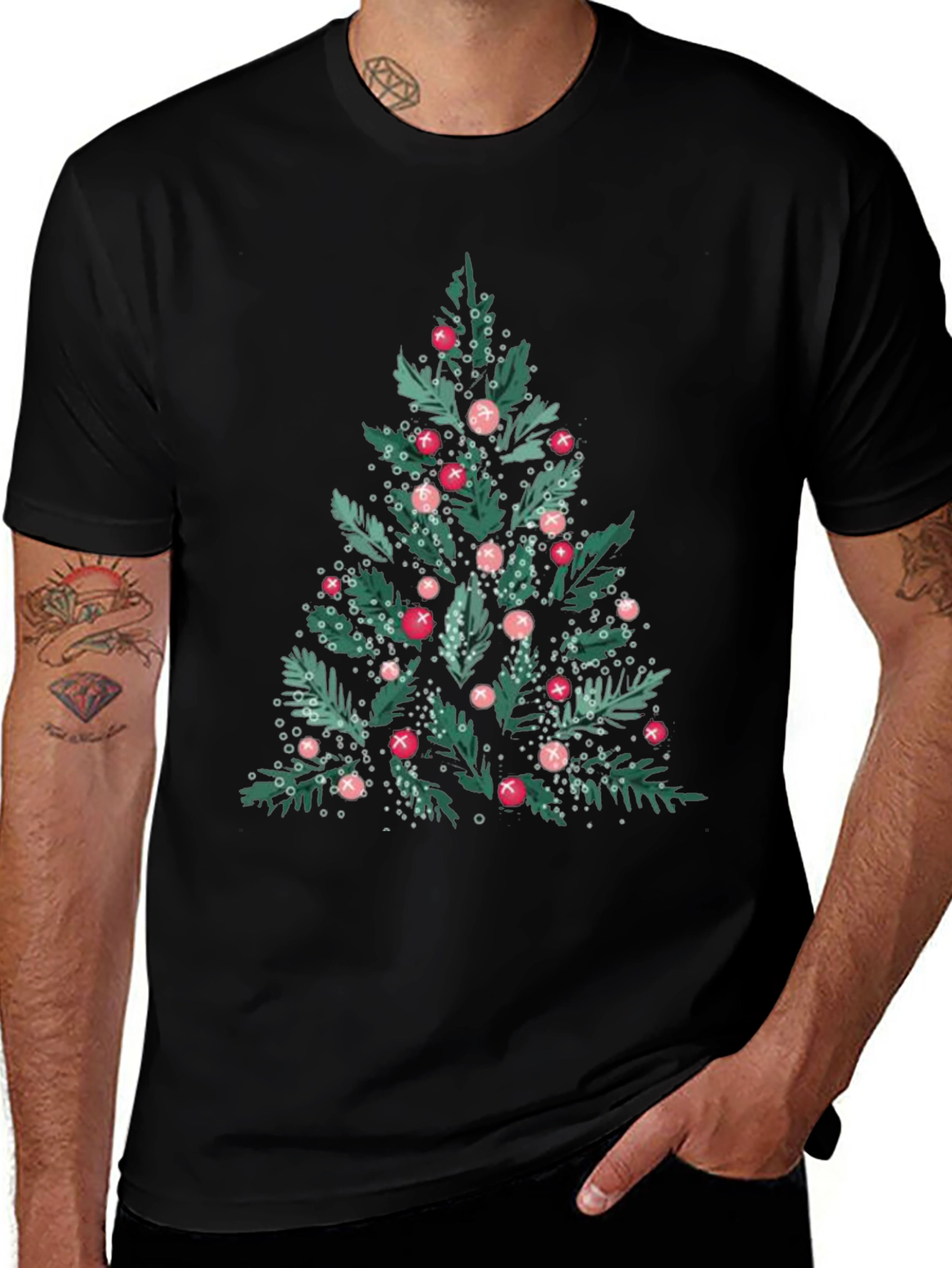 Festive Christmas Tree Graphic Tee - Black