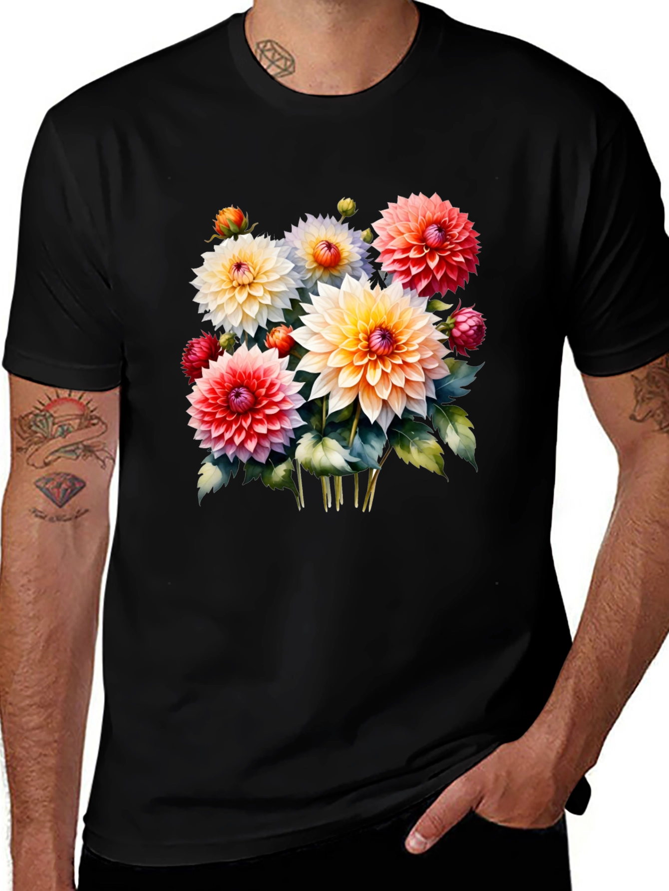 Variant 9 of Floral Graphic Tee - Colorful Dahlia Design