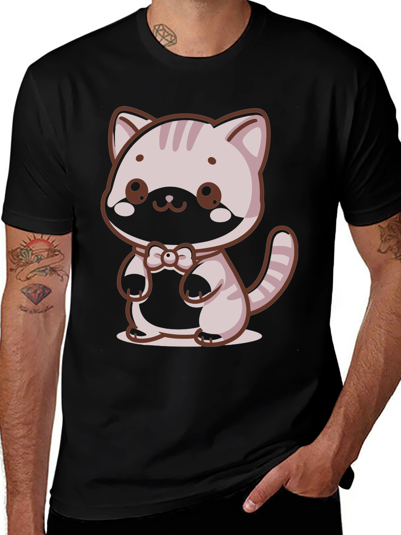 Variant 14 of Cute Cartoon Cat Bow Tie Graphic Tee - Unisex Black T-Shirt