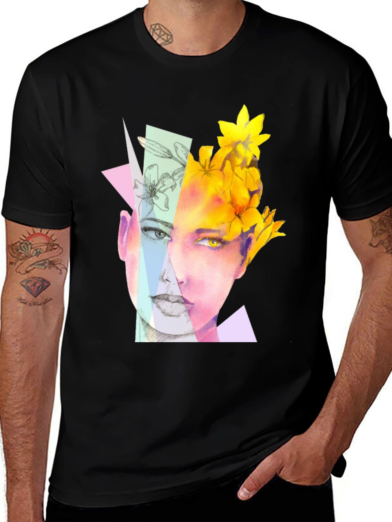 Variant 14 of Abstract Floral Face Graphic Black T-Shirt