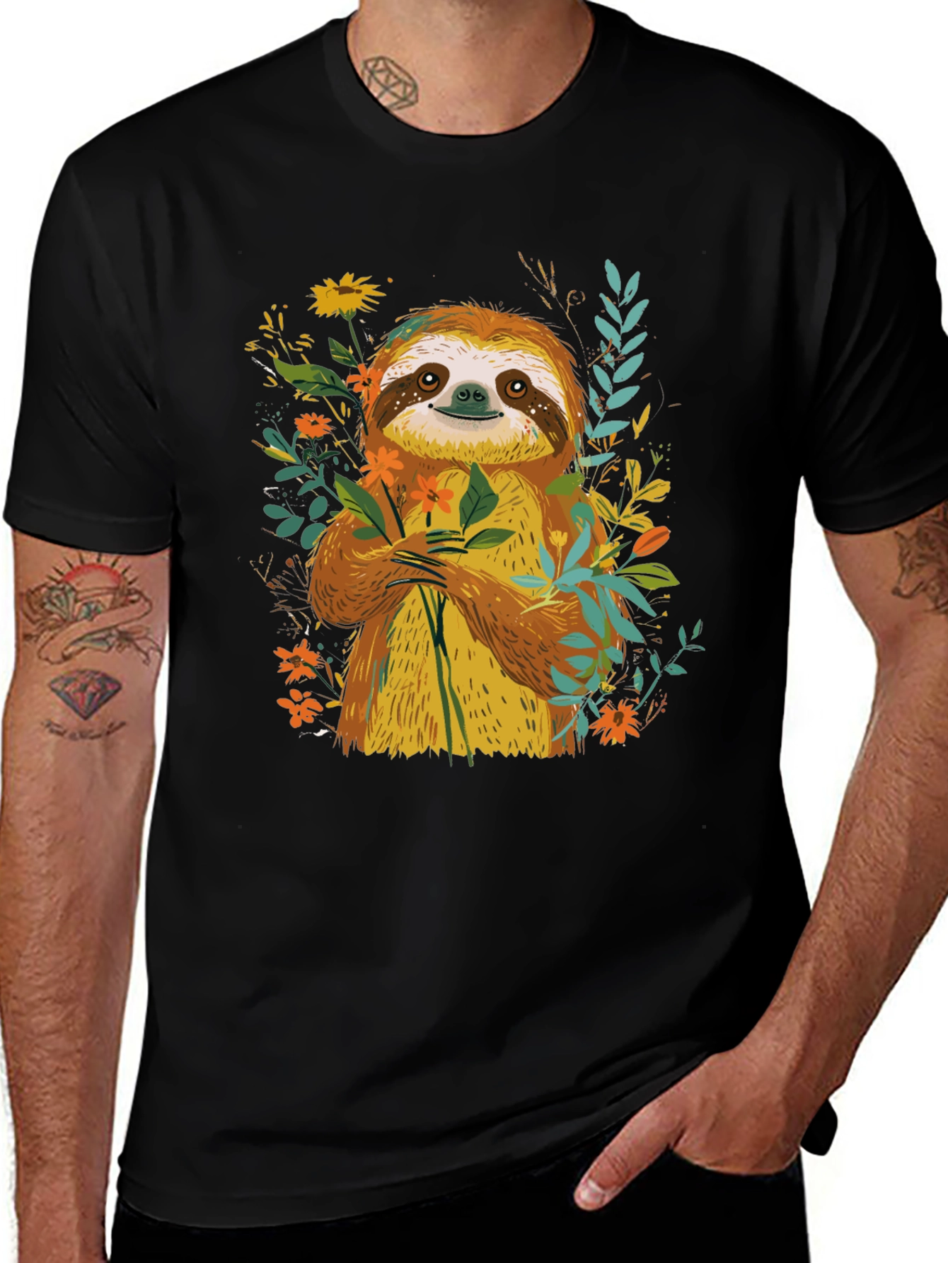 Variant 26 of Cute Sloth Holding Flowers Graphic Tee