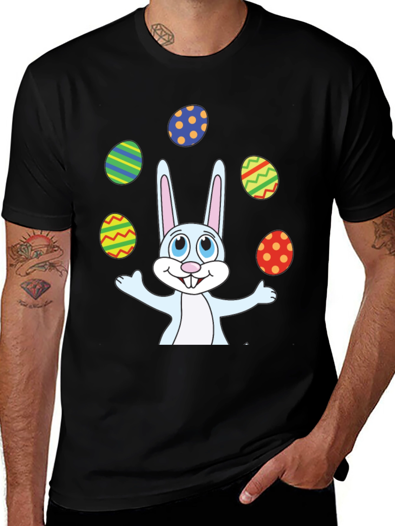 Camiseta Negra Conejo Pascua y Huevos Decorados