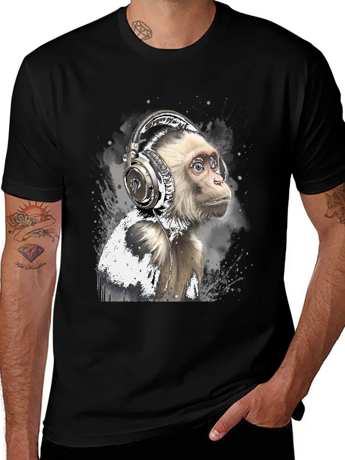 Variant 12 of Monkey Headphones Graphic Tee - Cool Black T-Shirt