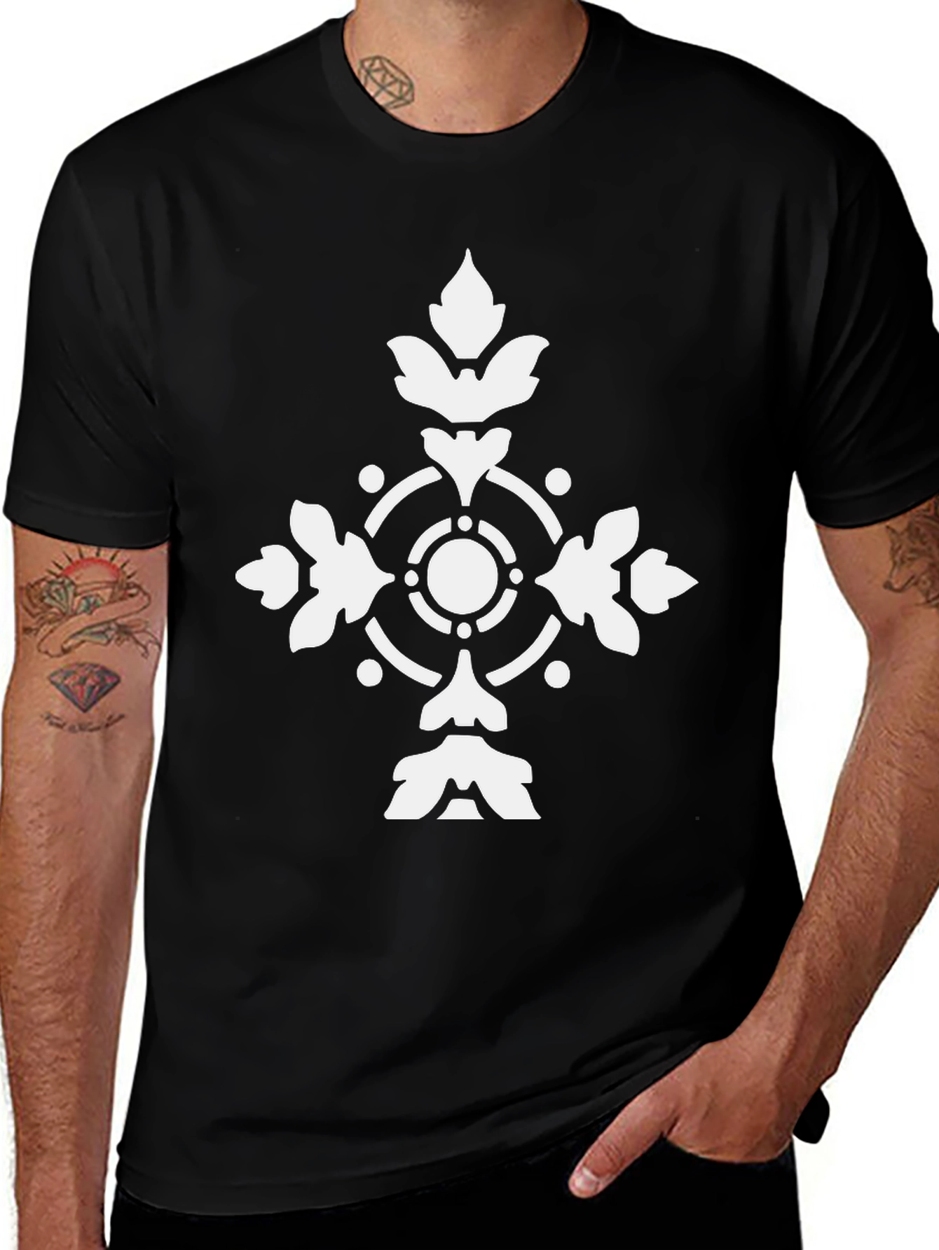 Variant 26 of Black T-Shirt with White Floral Cross Design