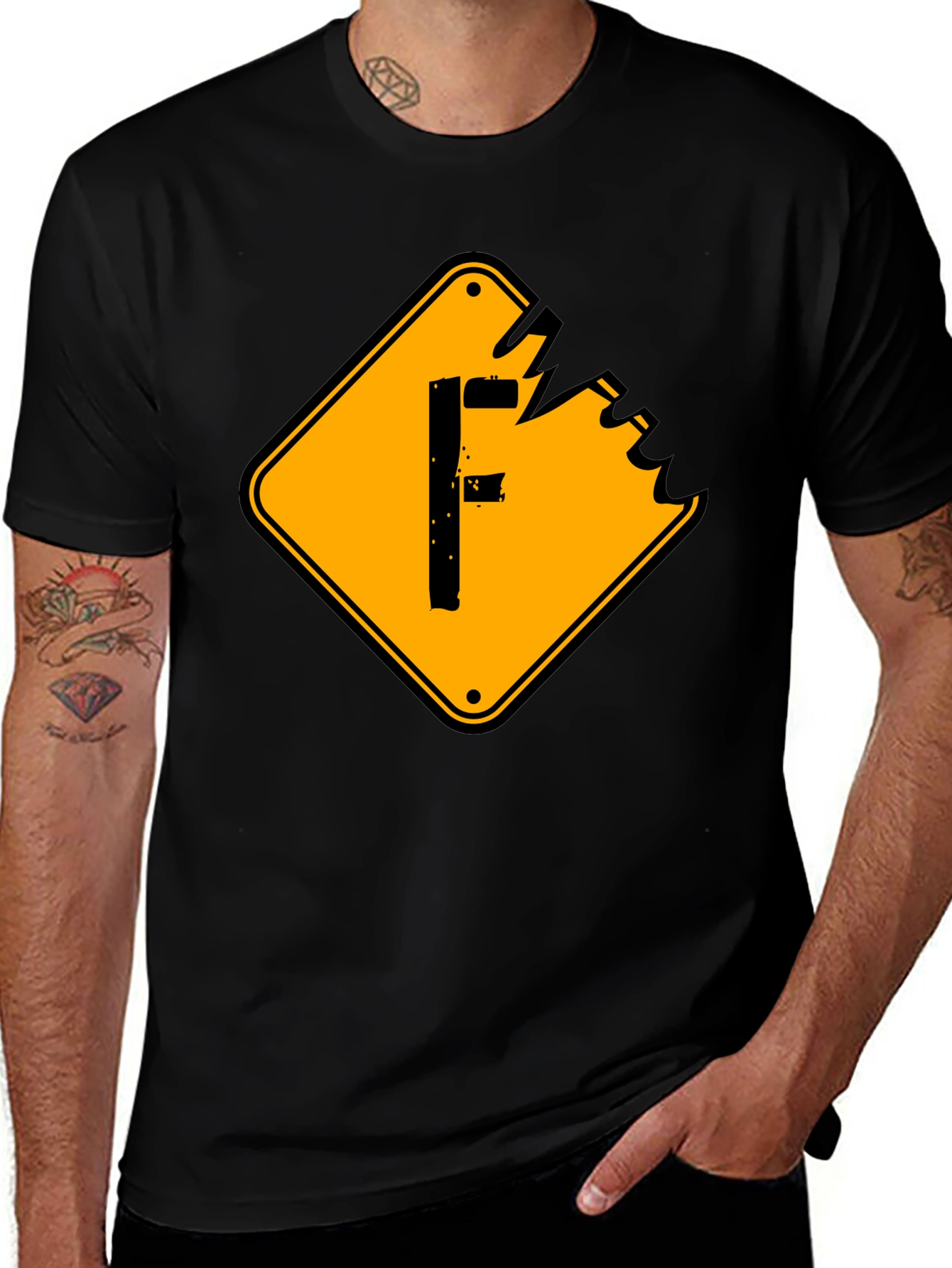 Variant 21 of Men's Black Graphic Tee - 'F' Warning Sign