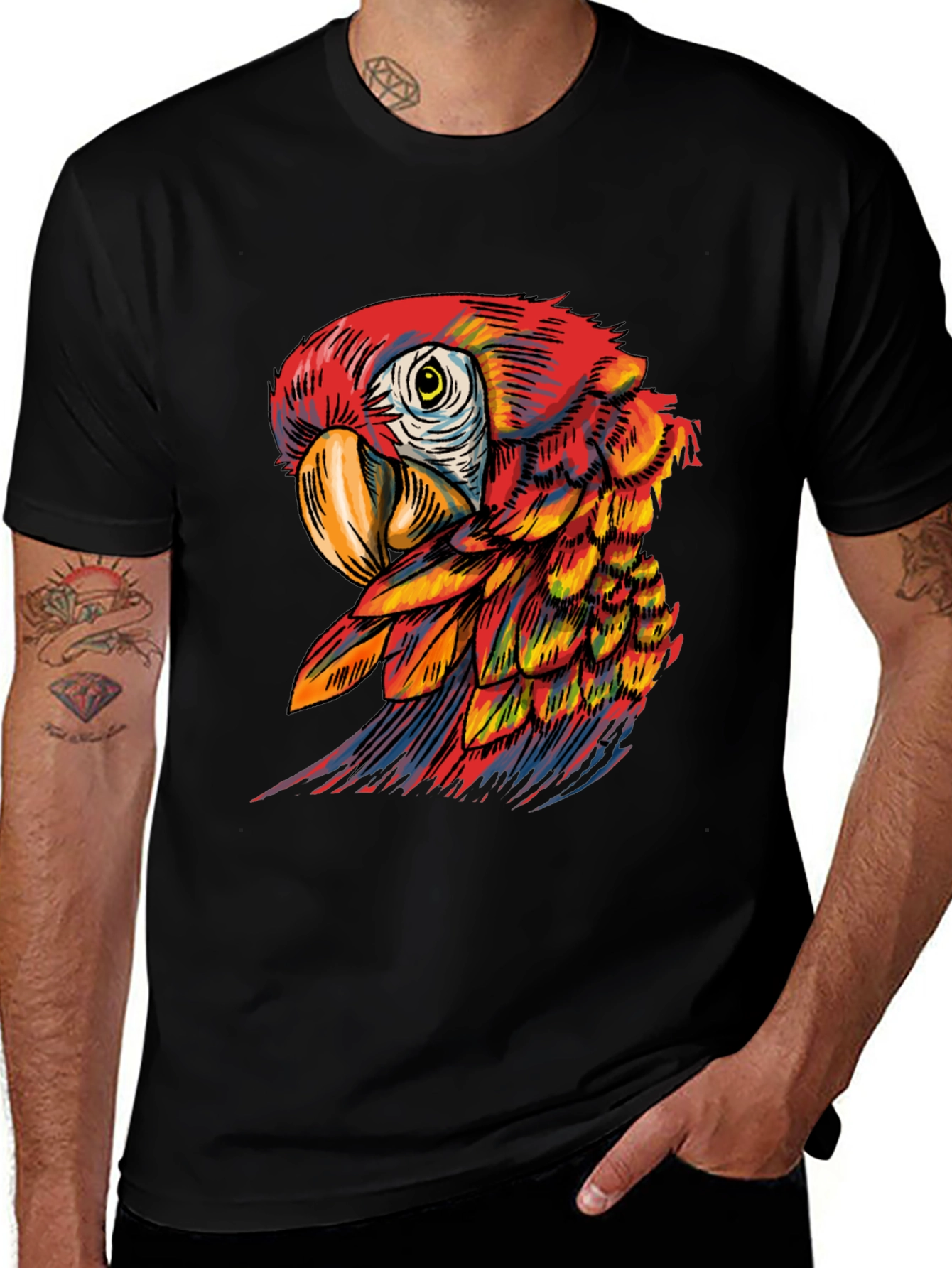 Variant 19 of Vibrant Parrot Graphic Tee - Soft Black Cotton Blend