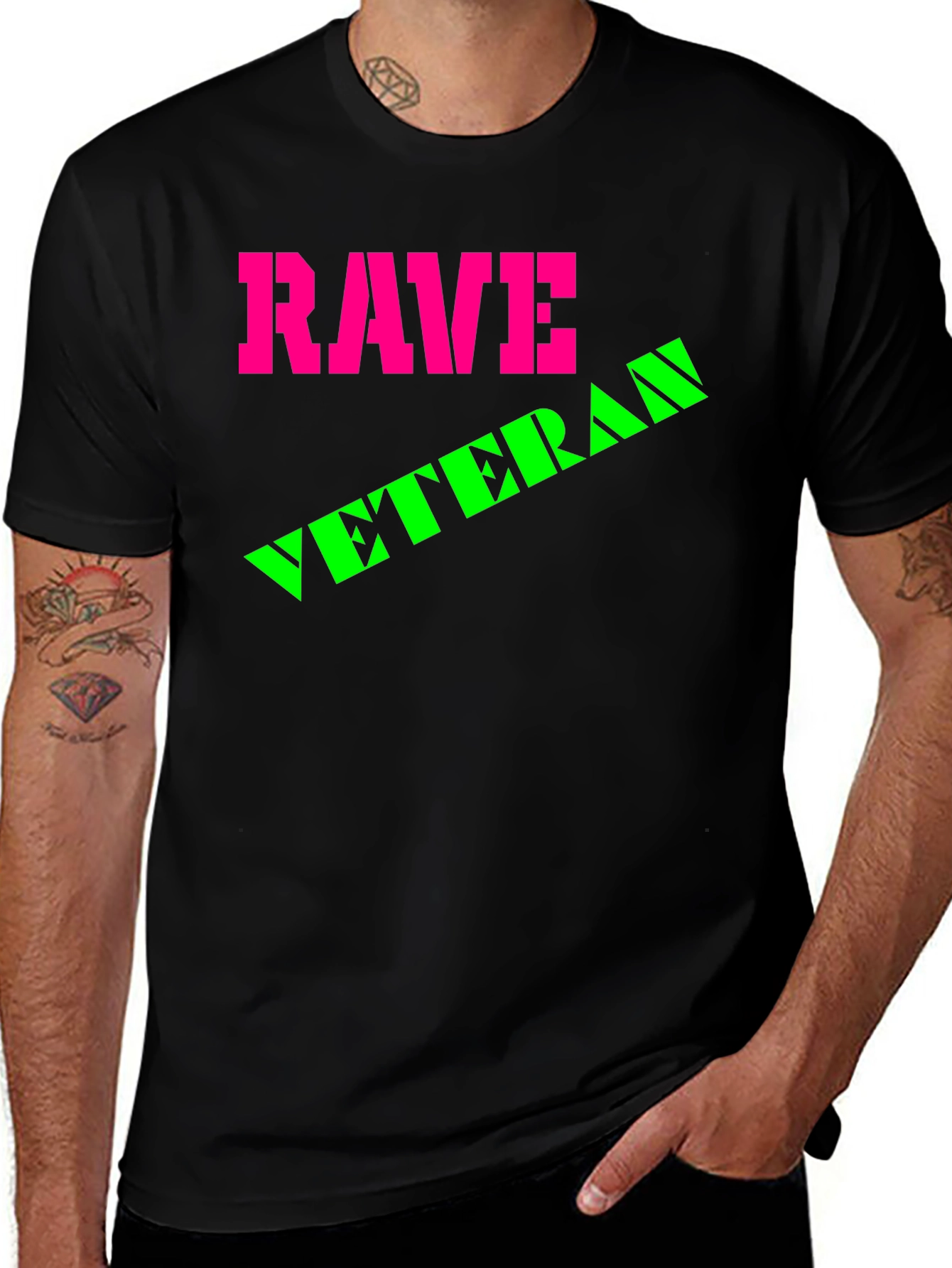Variant 10 of Rave Veteran Graphic T-Shirt - Retro Neon Design