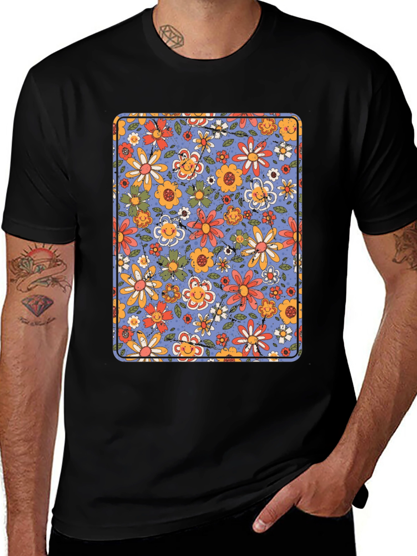 Variant 23 of Retro Floral Print Black T-Shirt