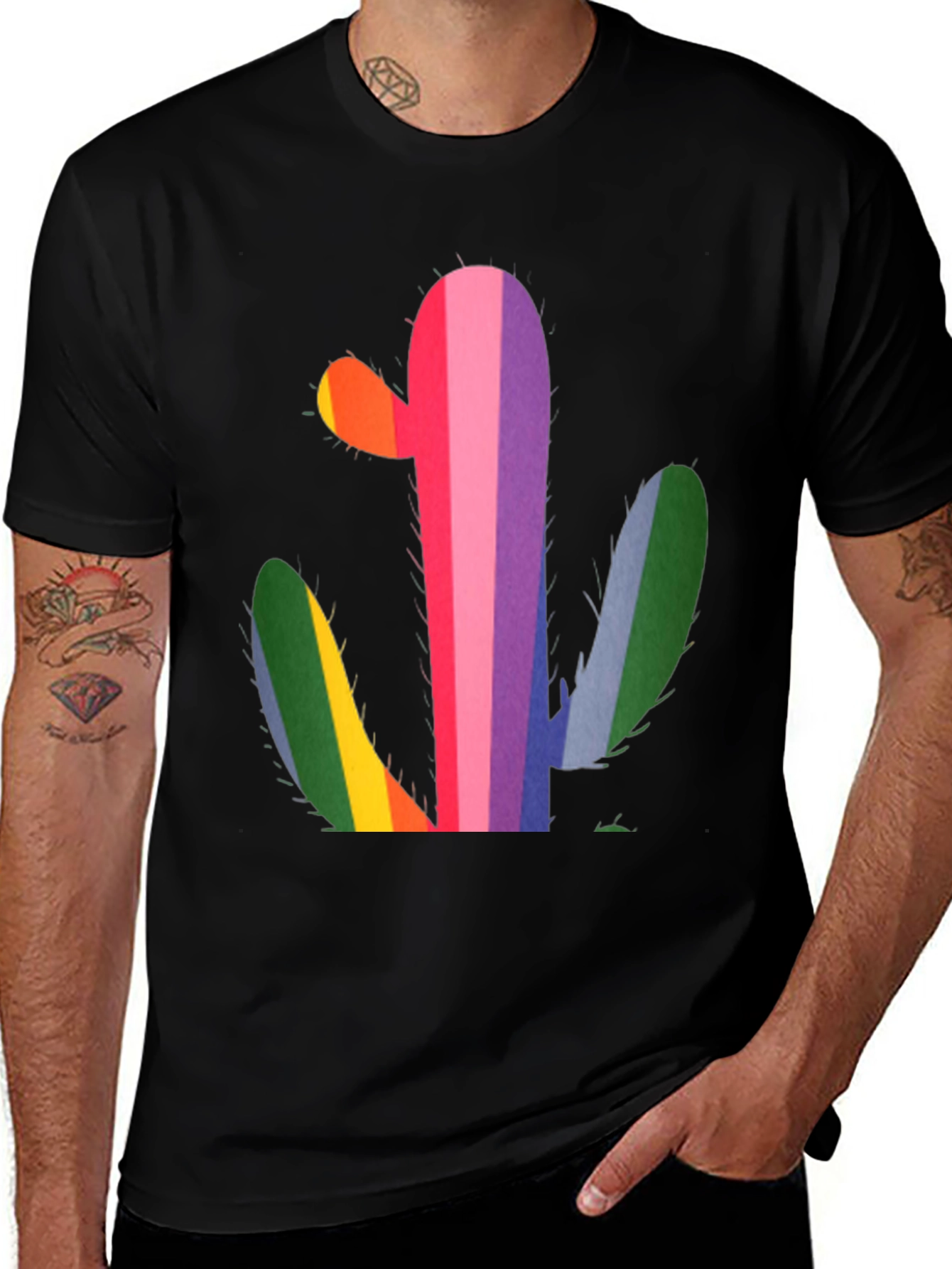 Variant 10 of Rainbow Cactus Graphic T-Shirt - Black