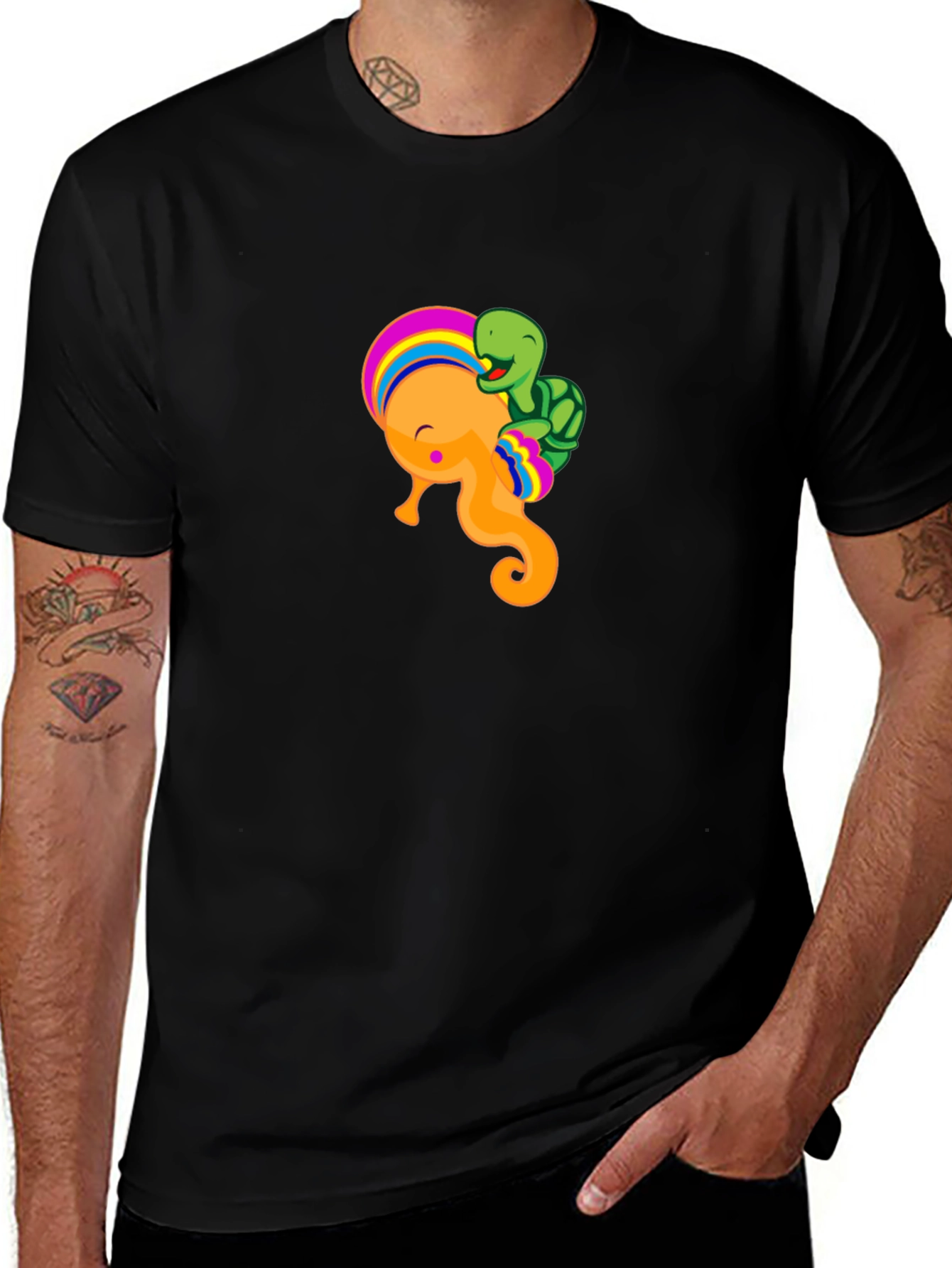 Cartoon Seahorse & Turtle Black T-Shirt