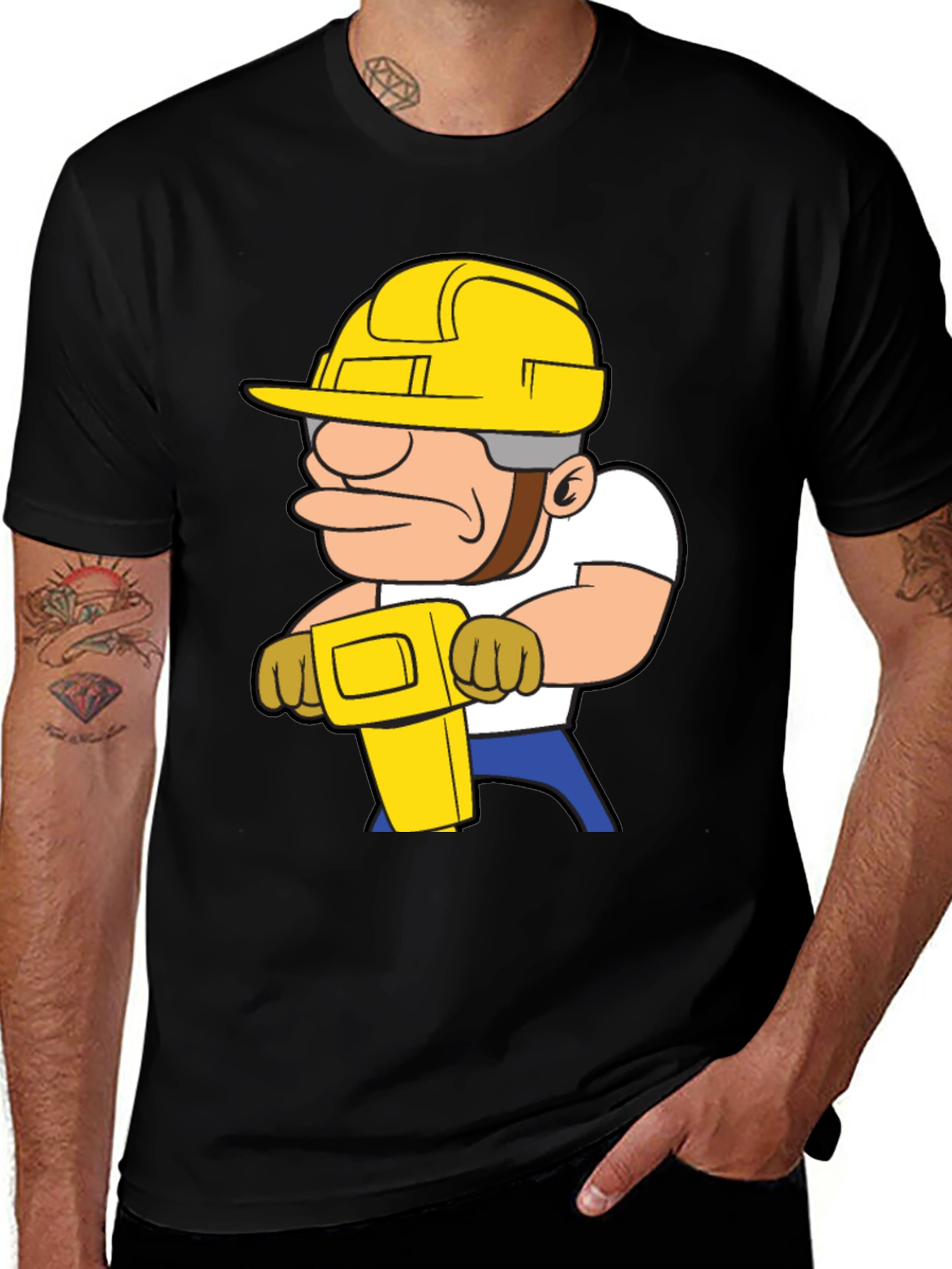 Cartoon Construction Worker Graphic Tee - Black