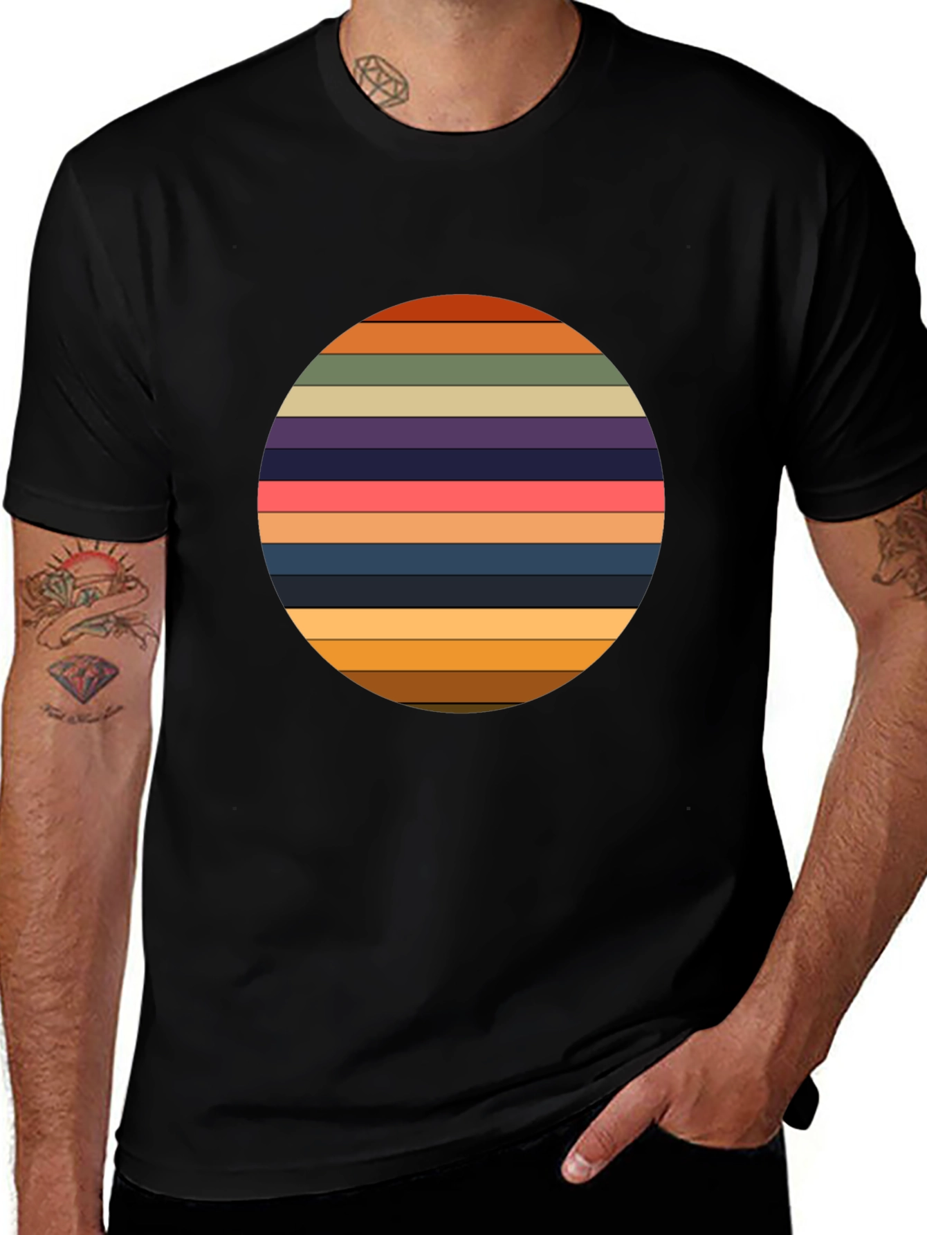 Retro Striped Circle Graphic Tee - Black Casual T-Shirt