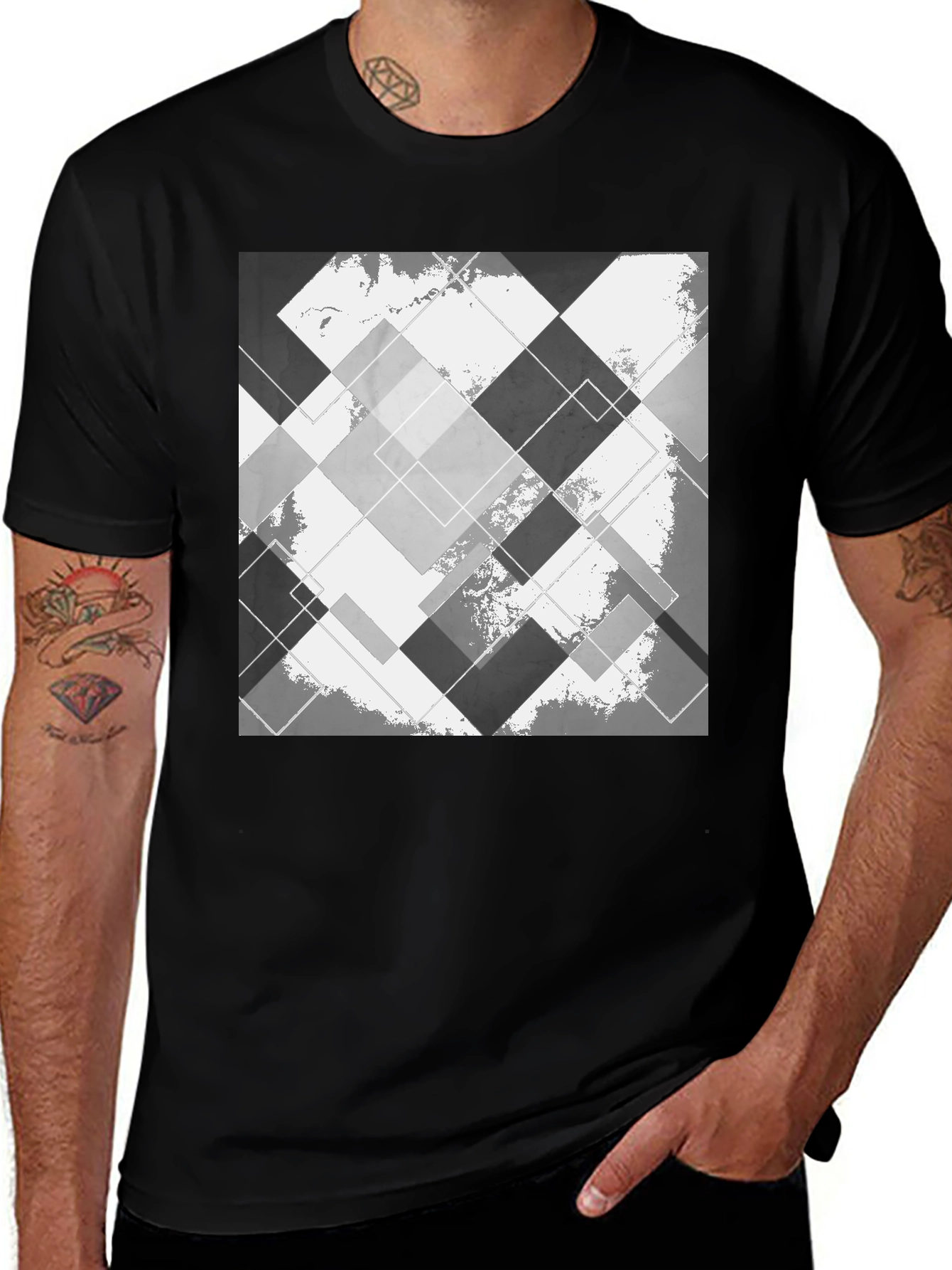 Variant 26 of Geometric Abstract Square Print Black T-Shirt