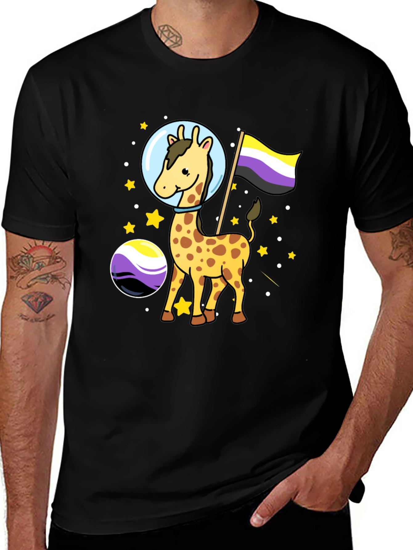 Variant 13 of Giraffe Astronaut Nonbinary Pride T-Shirt