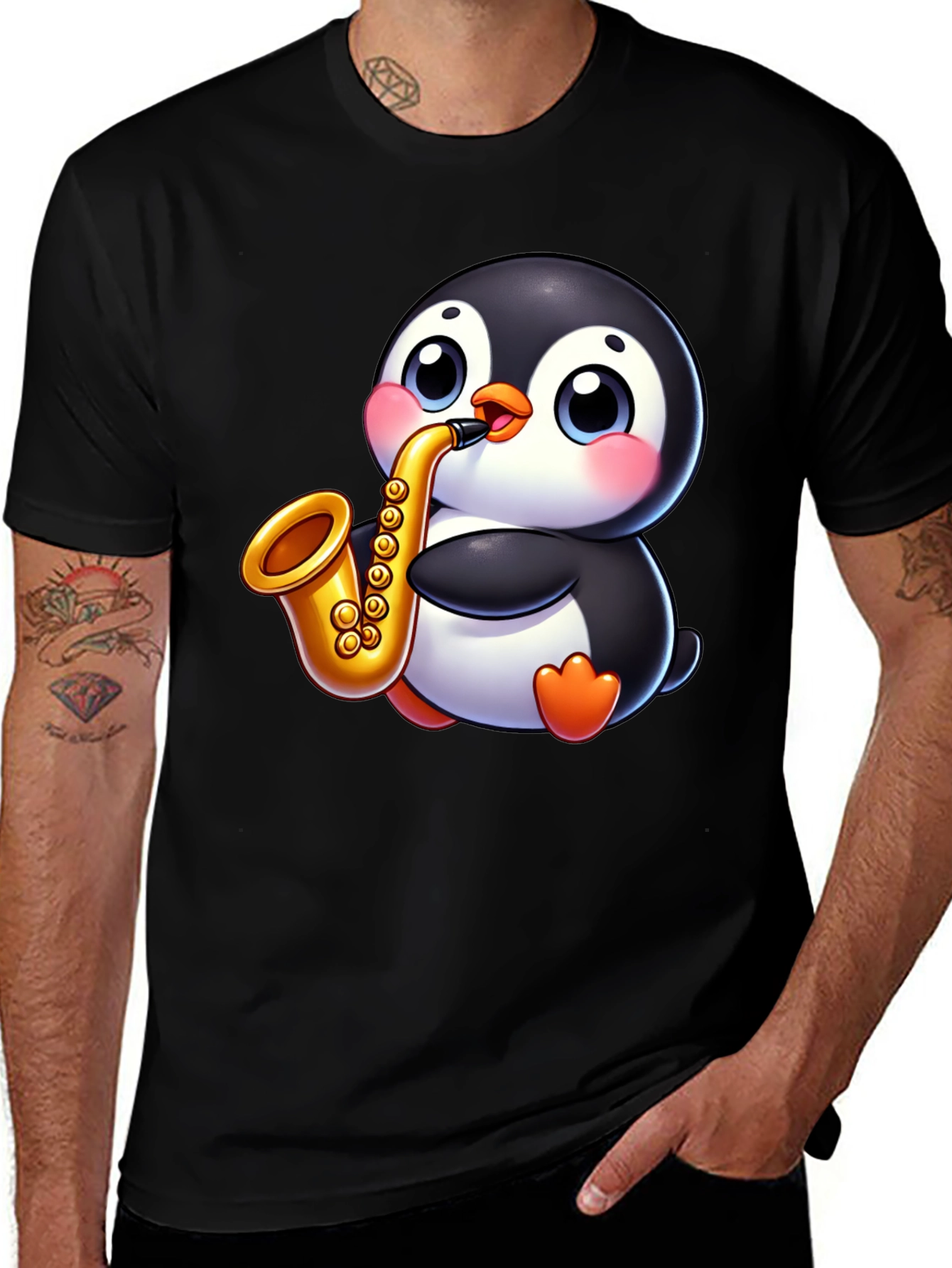 Variant 16 of Penguin Saxophone Graphic Tee - Black Casual Style