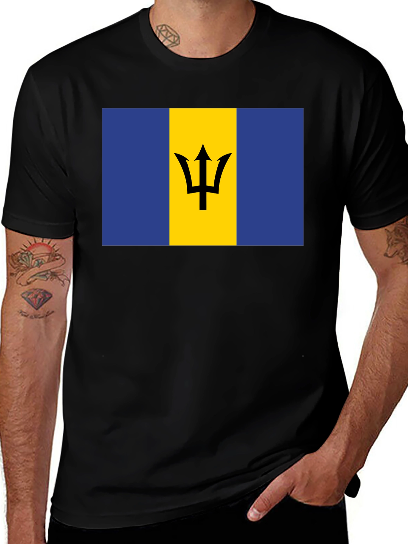 Variant 28 of Barbados Flag T-Shirt - Black Crew Neck Tee