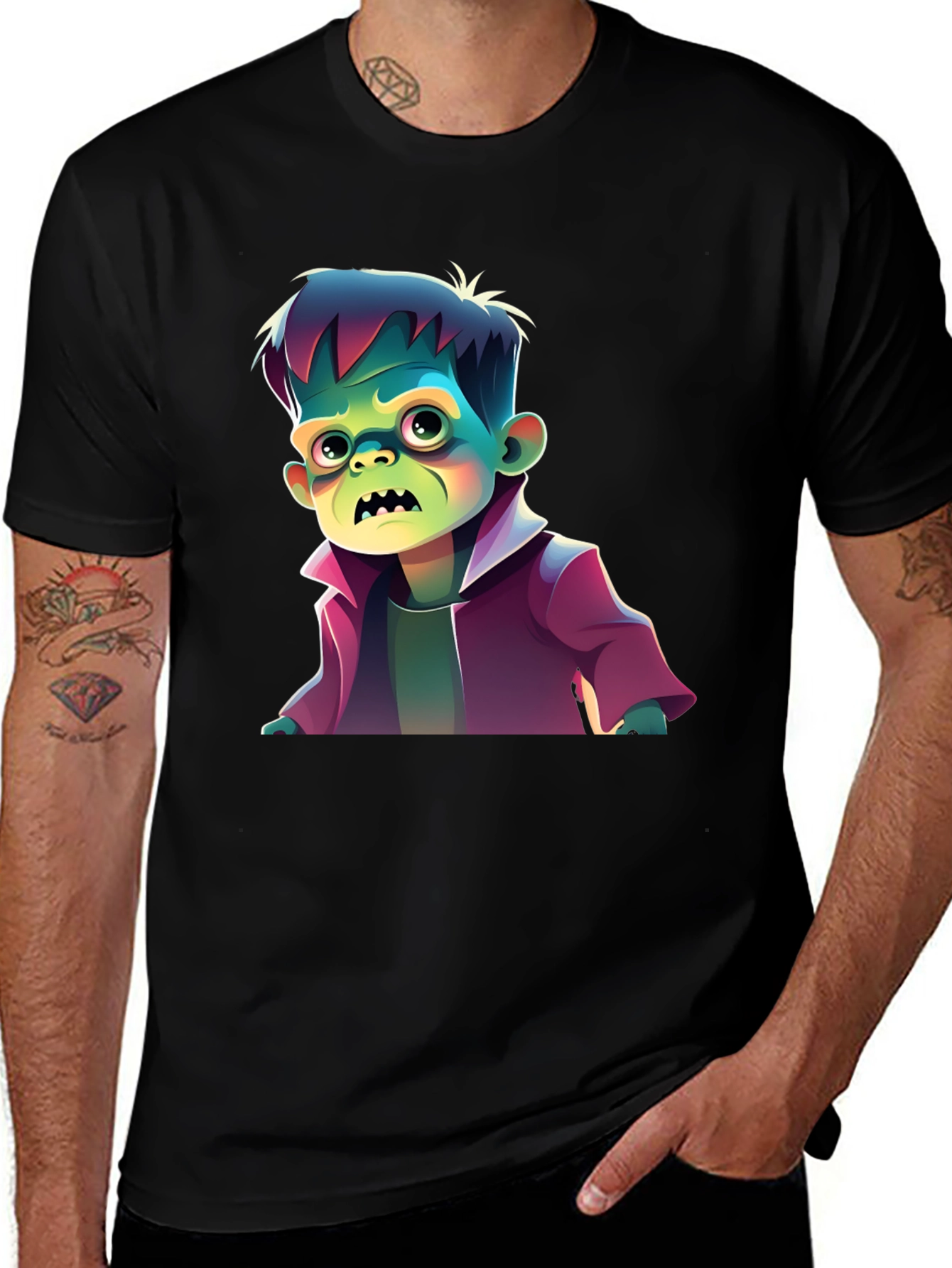 Variant 15 of Frankenstein Monster Cartoon Graphic Black T-Shirt