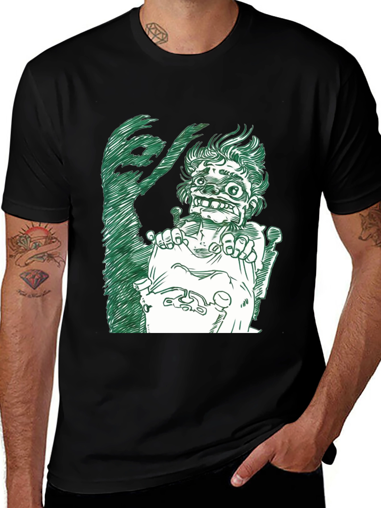 Grotesque Green Graphic Print Men's Black T-Shirt