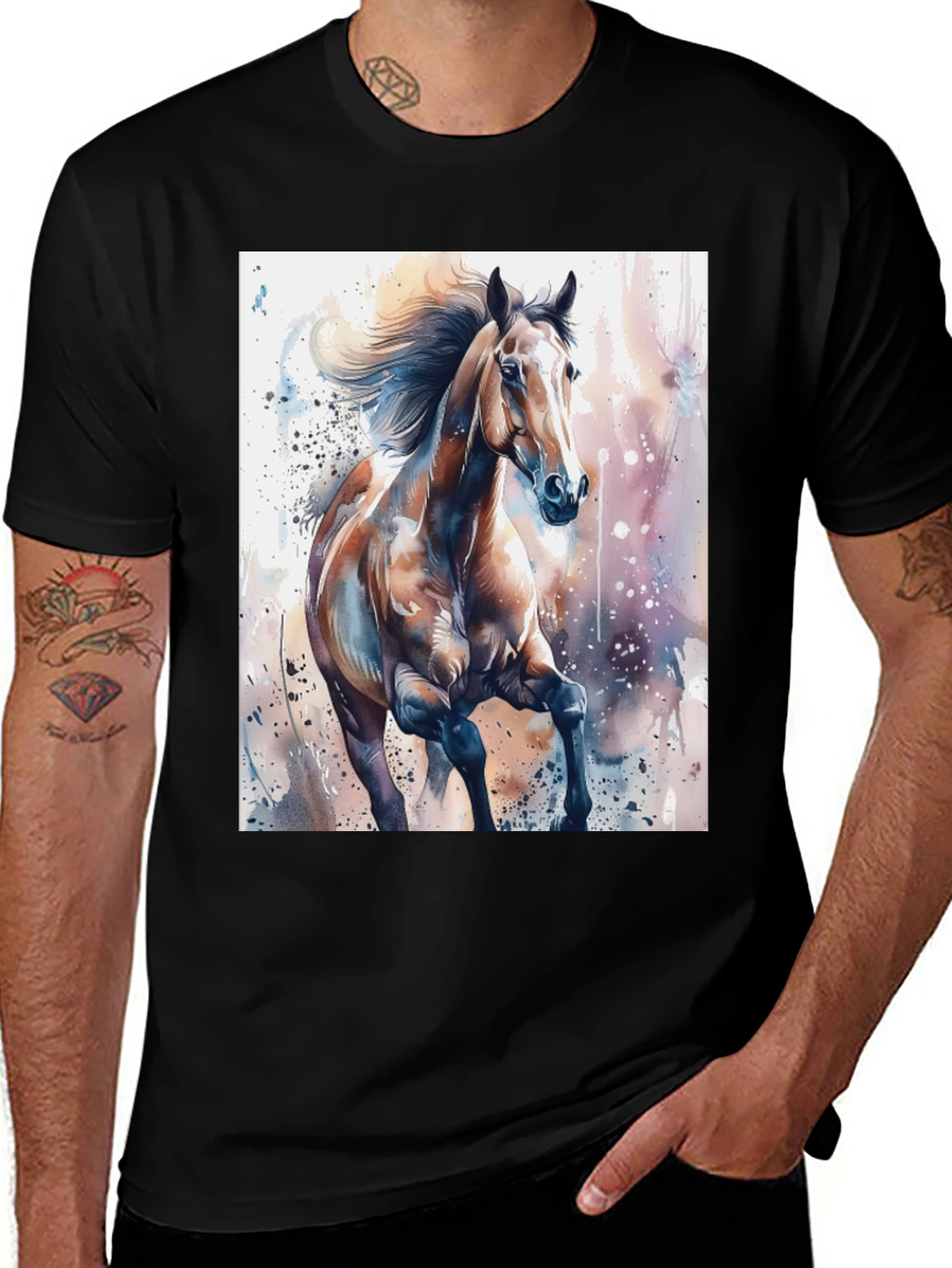 Variant 22 of Horse Watercolor Graphic Tee - Black Cotton Casual Shirt