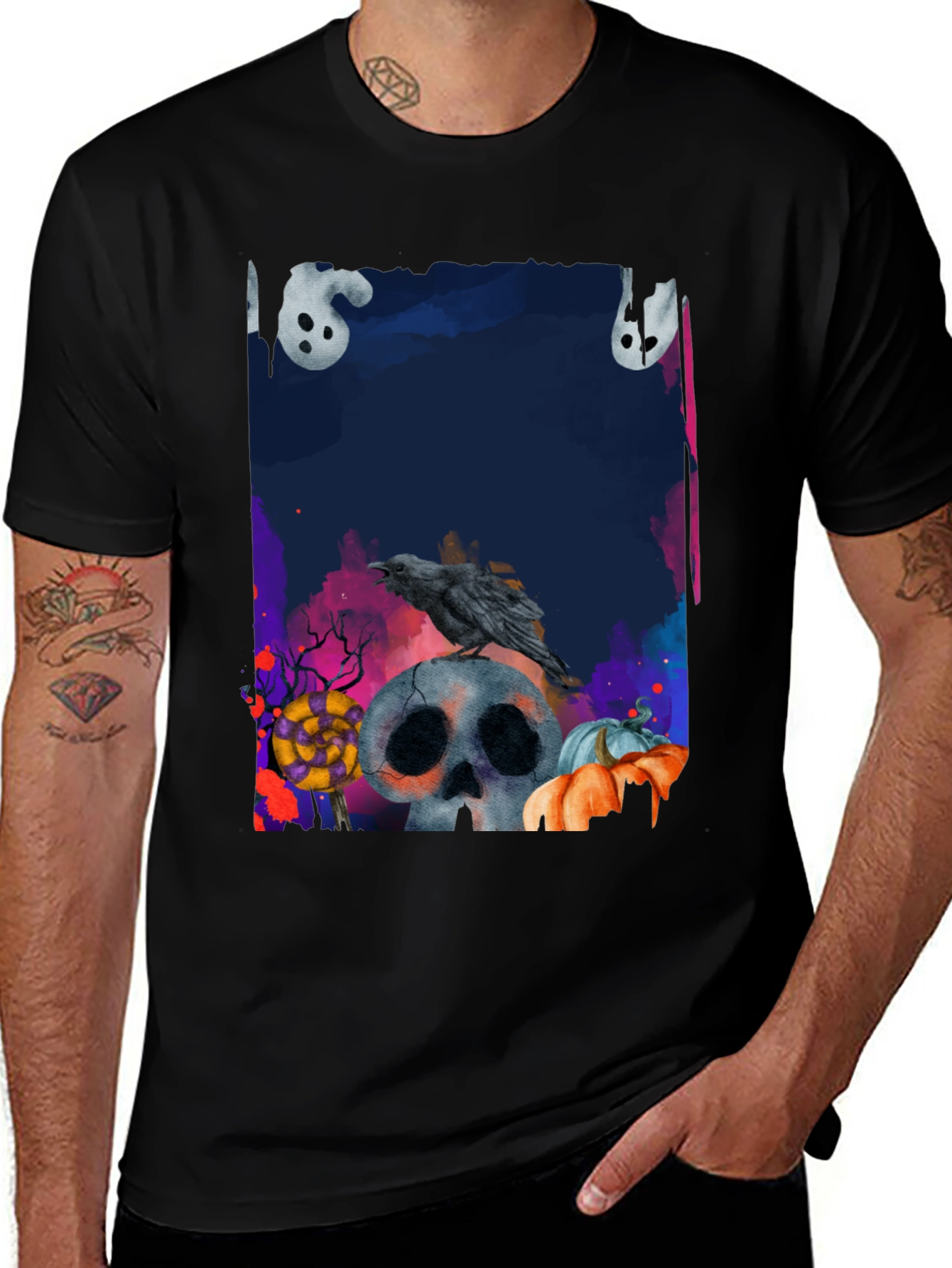 Halloween Graphic Tee - Raven & Skull