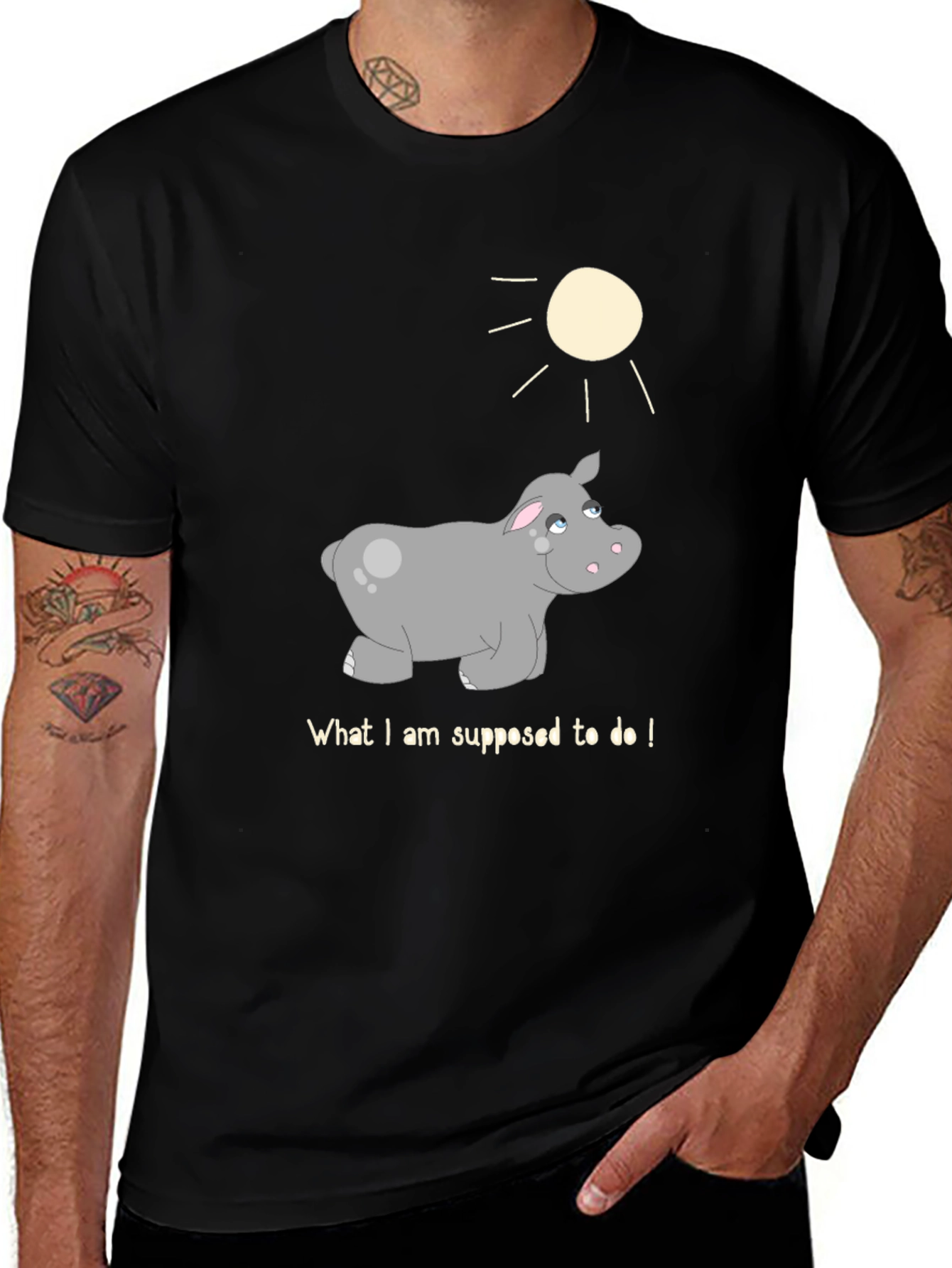 Variant 9 of Hippo in the Sun Black T-Shirt - What To Do Design