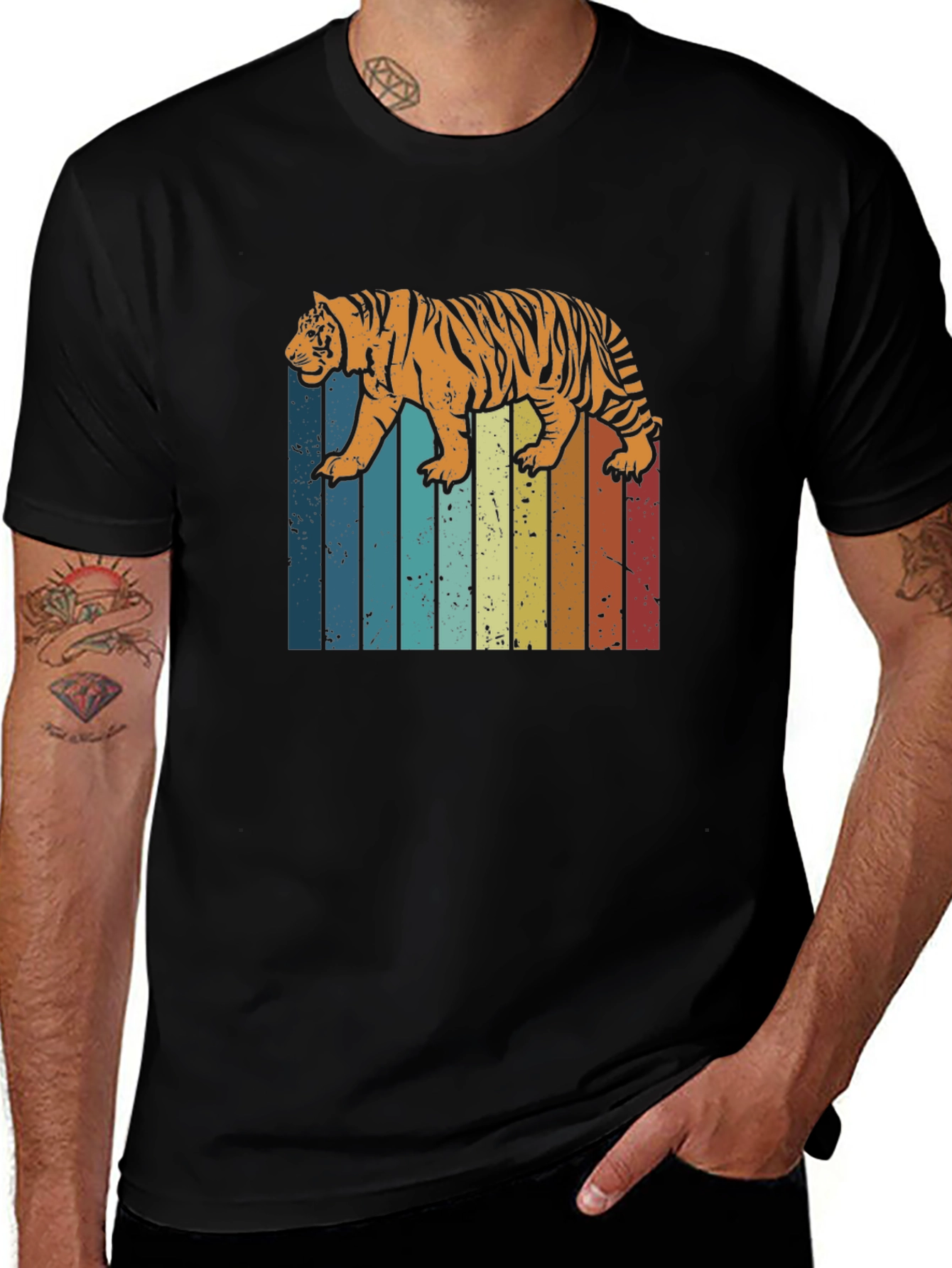 Variant 30 of Retro Tiger Graphic Tee - Vintage Striped Design