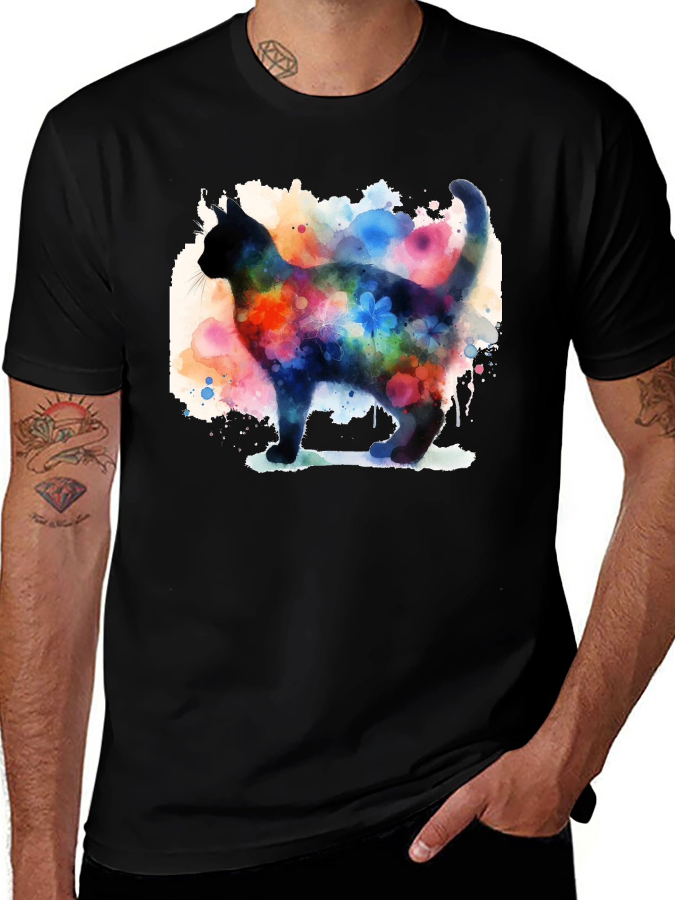 Variant 12 of Watercolor Cat Black T-Shirt