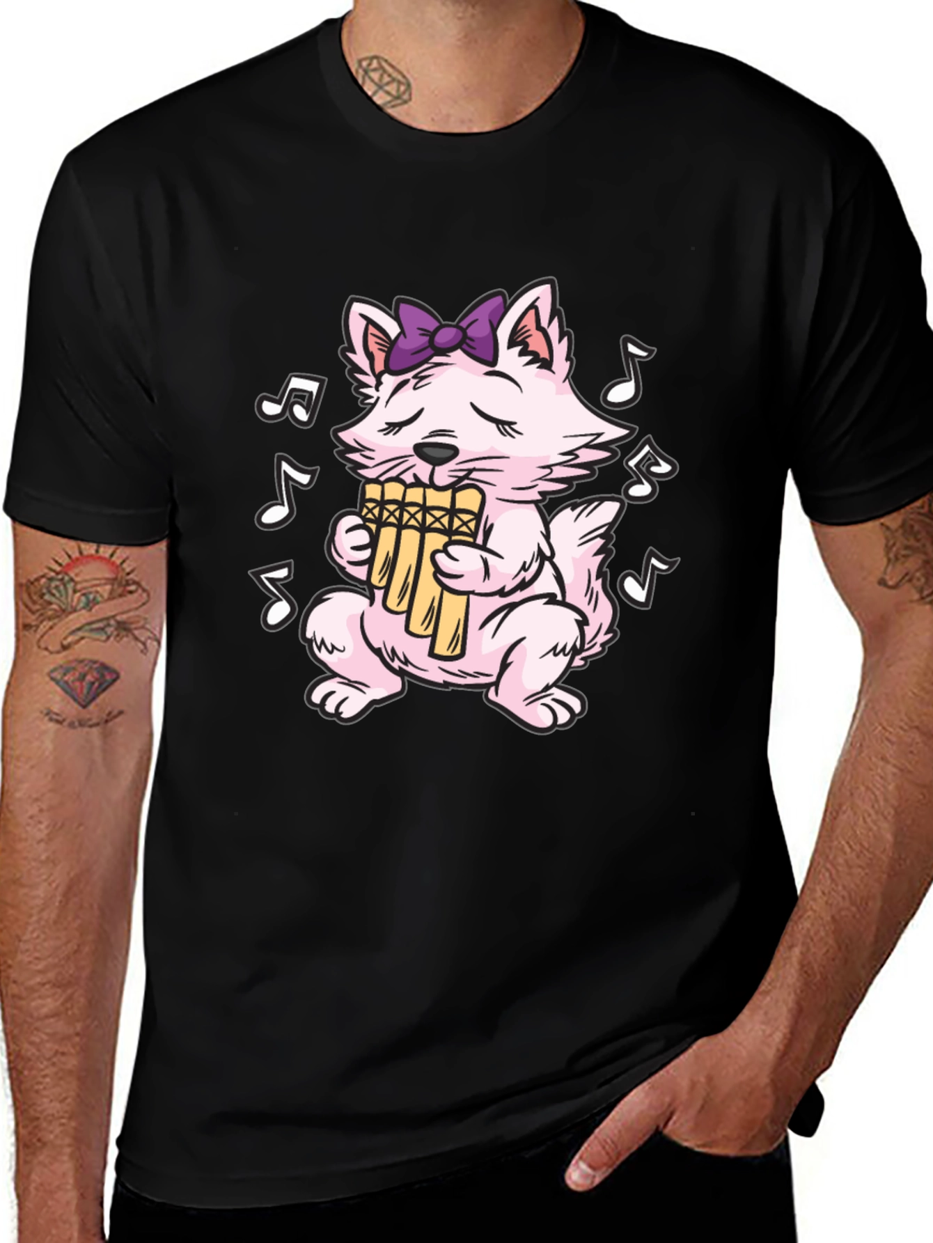 Variant 11 of Musical Cat T-Shirt - Pan Flute Playing Kitten Tee