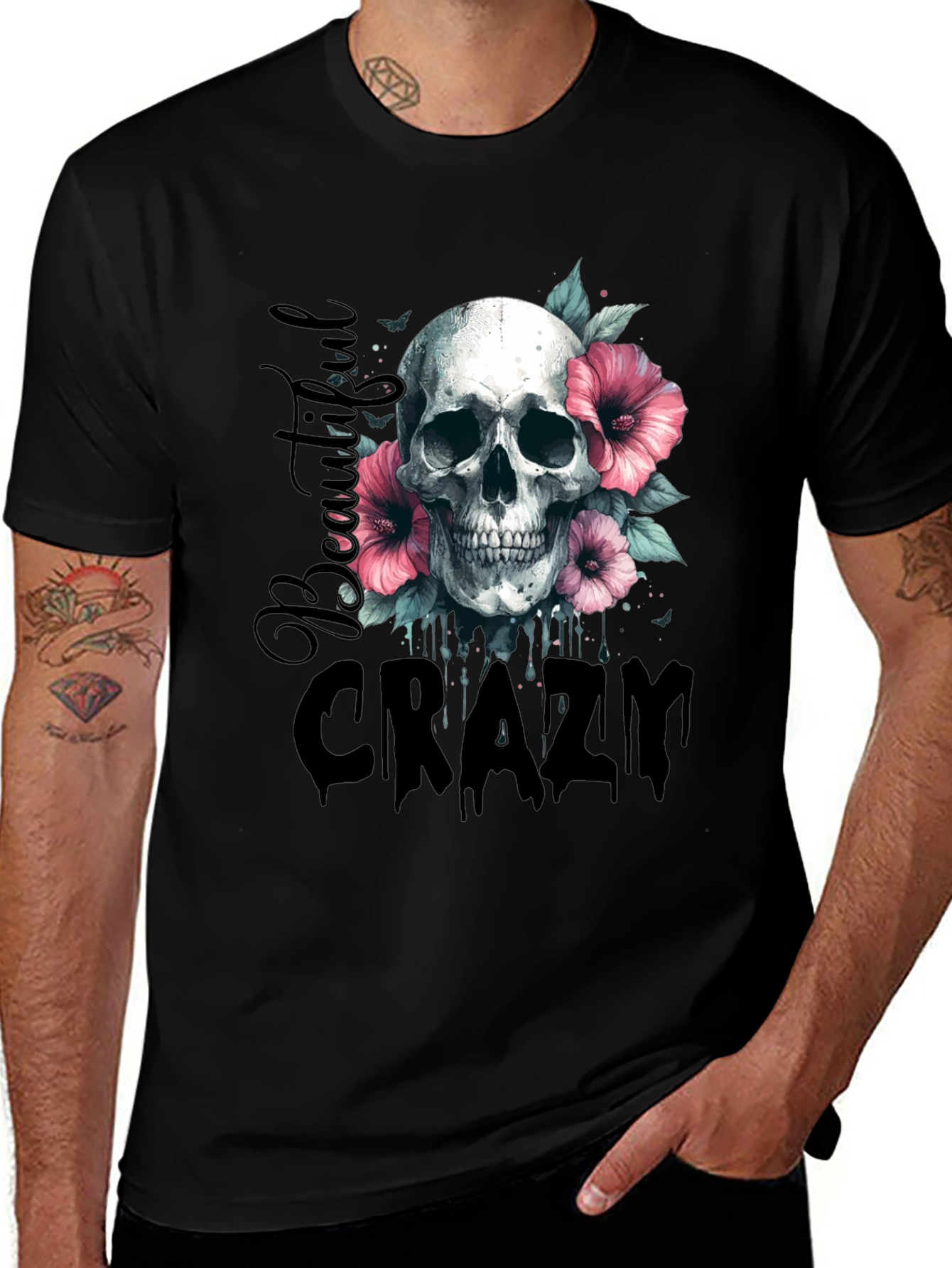 Variant 21 of Skull & Flowers Graphic Tee - Beautiful Crazy Design