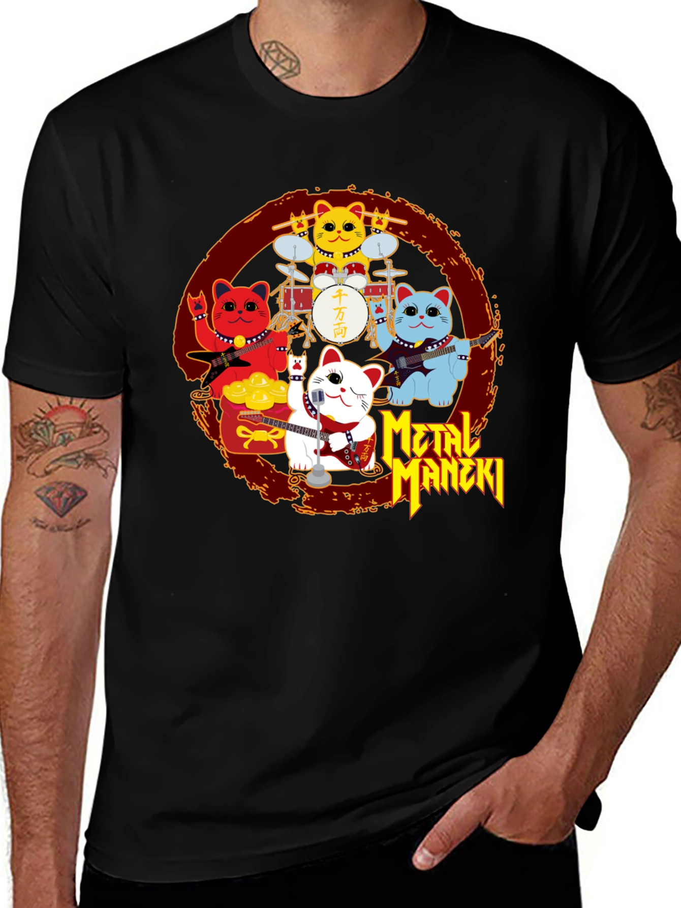 Metal Maneki Neko Rock Band T-Shirt