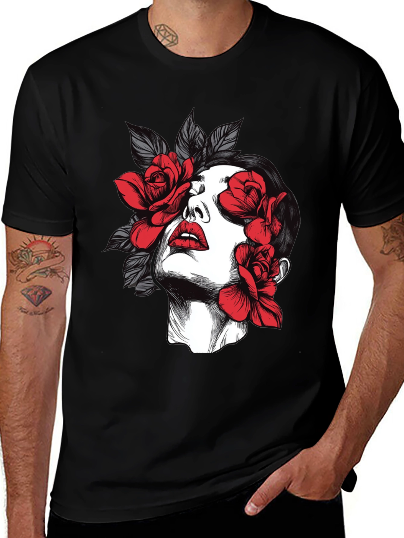 Floral Face Graphic Print Black T-Shirt