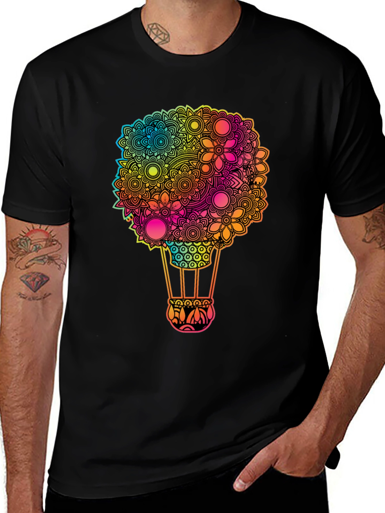 Variant 3 of Floral Hot Air Balloon Graphic Tee - Black