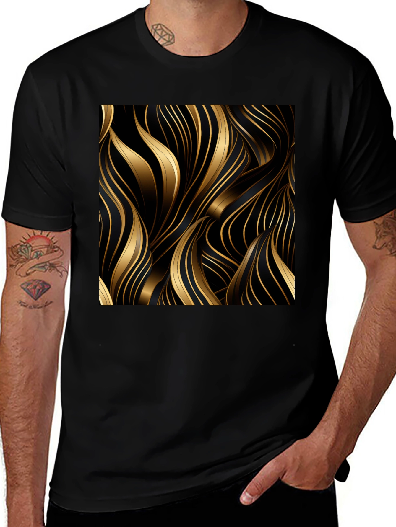 Variant 27 of Stylish Black Tee with Abstract Gold Wave Design