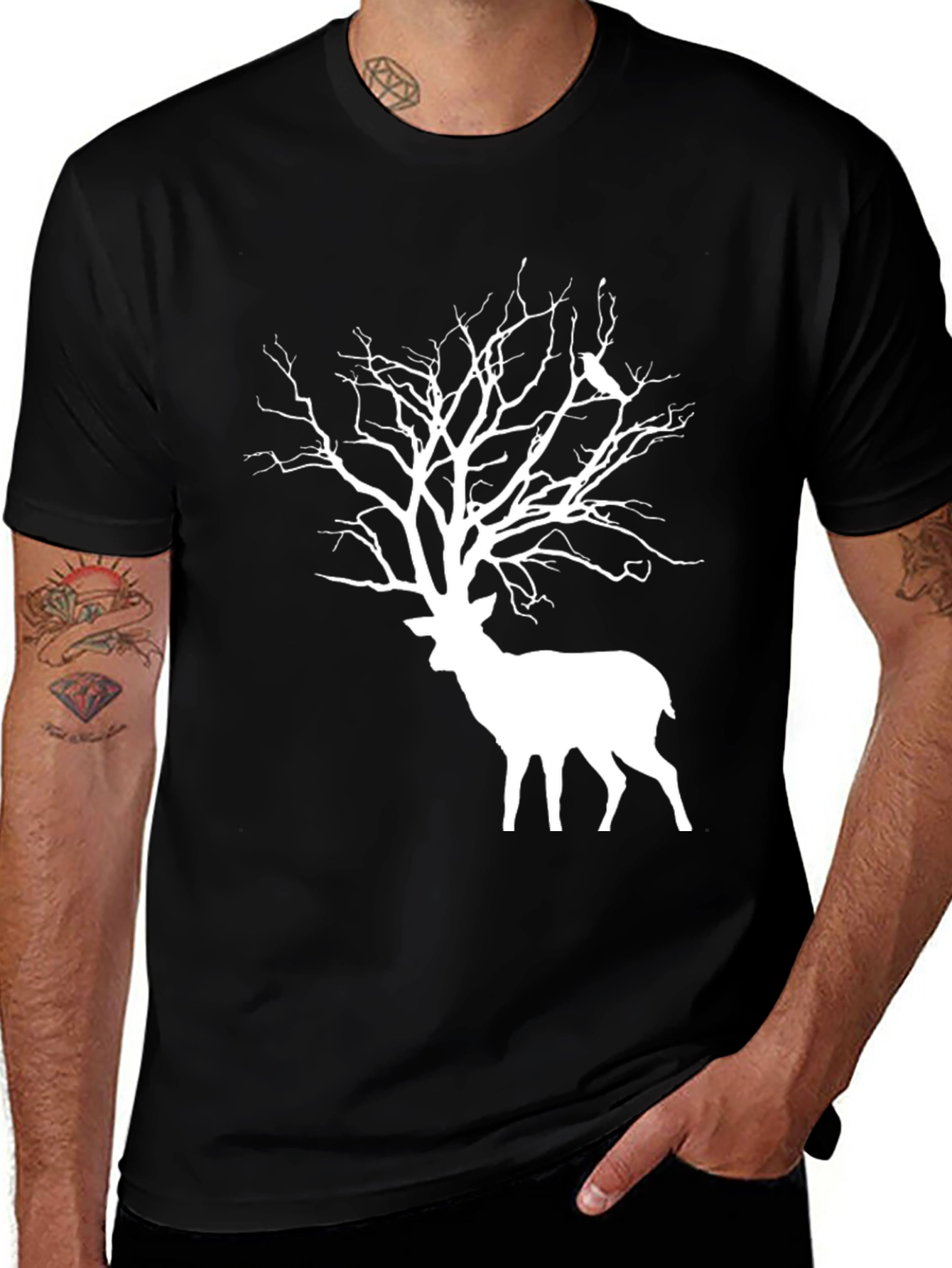 Variant 13 of Deer Tree Graphic Tee - Black Cotton Blend