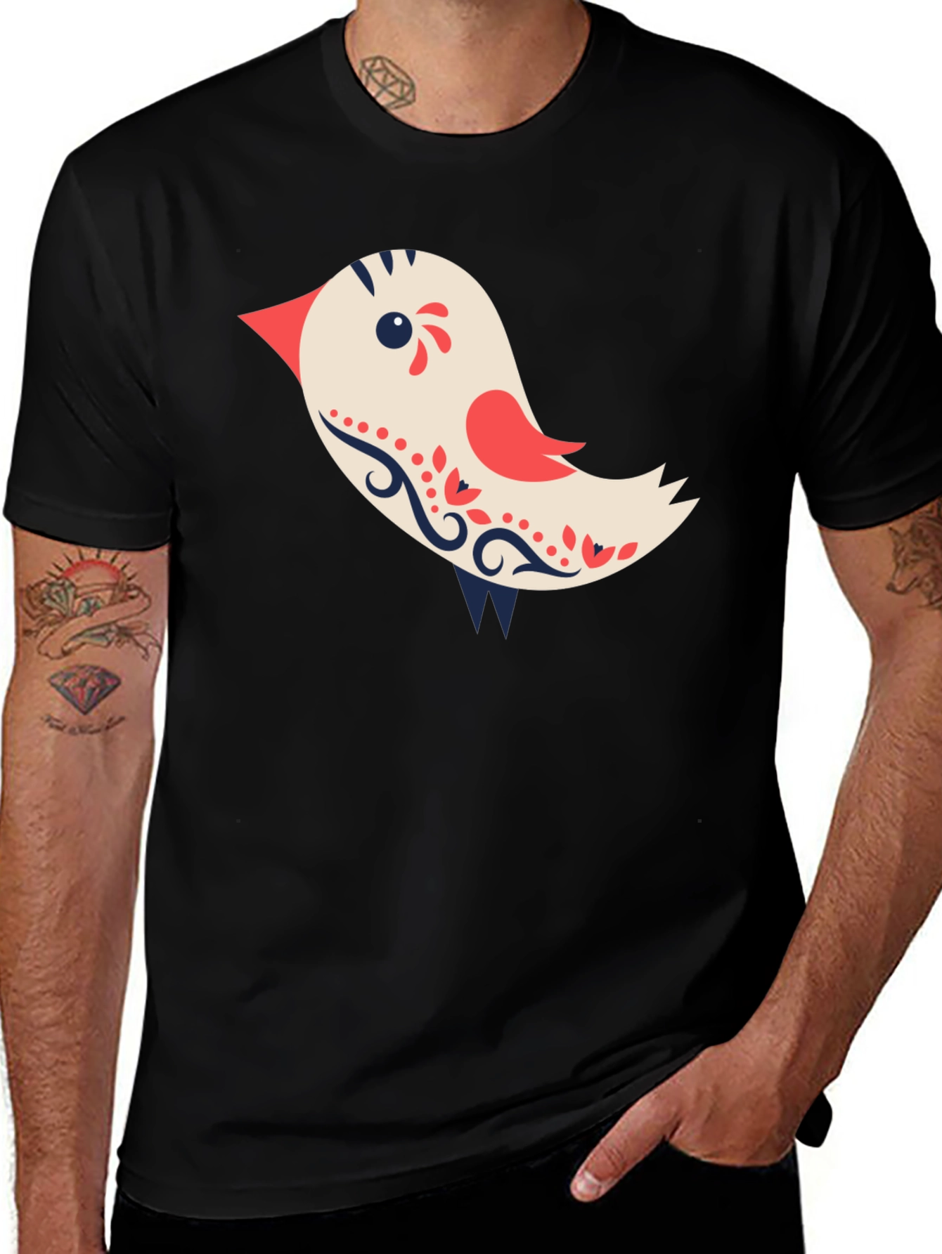 Cute Bird Graphic Tee - Black Cotton T-Shirt