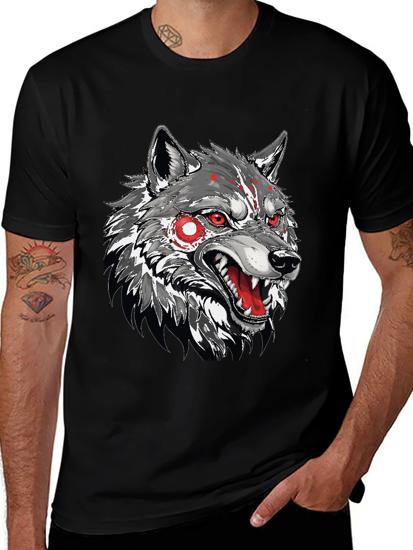 Variant 16 of Men's Black T-Shirt with Wolf Graphic