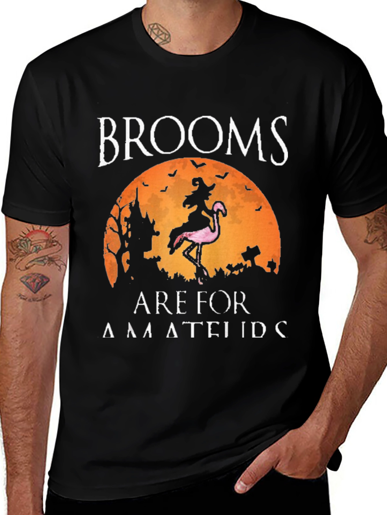 Brooms Are For Amateurs Funny Halloween Flamingo T-Shirt