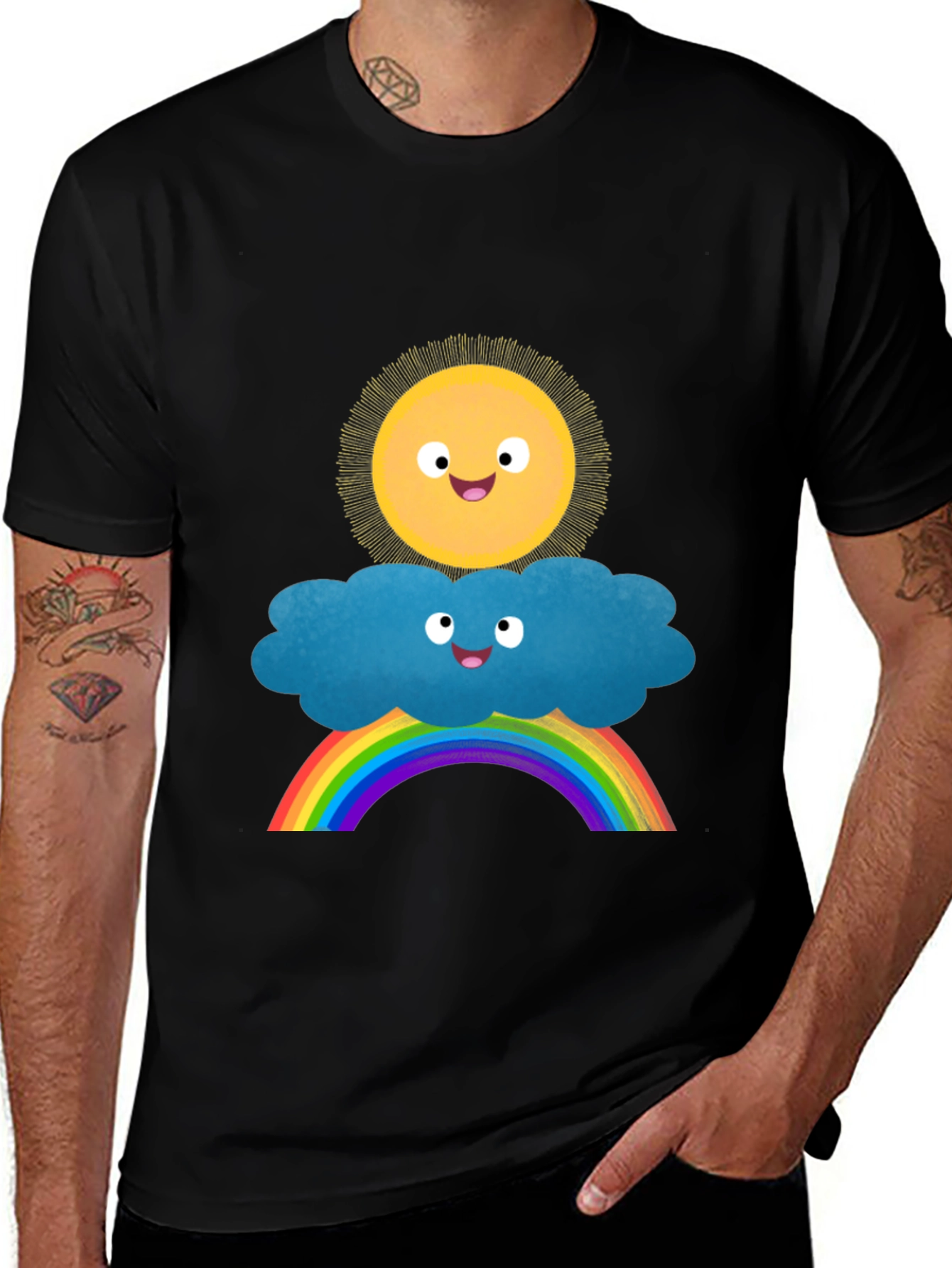 Variant 22 of Cute Cartoon Sun Cloud Rainbow Graphic Black T-Shirt