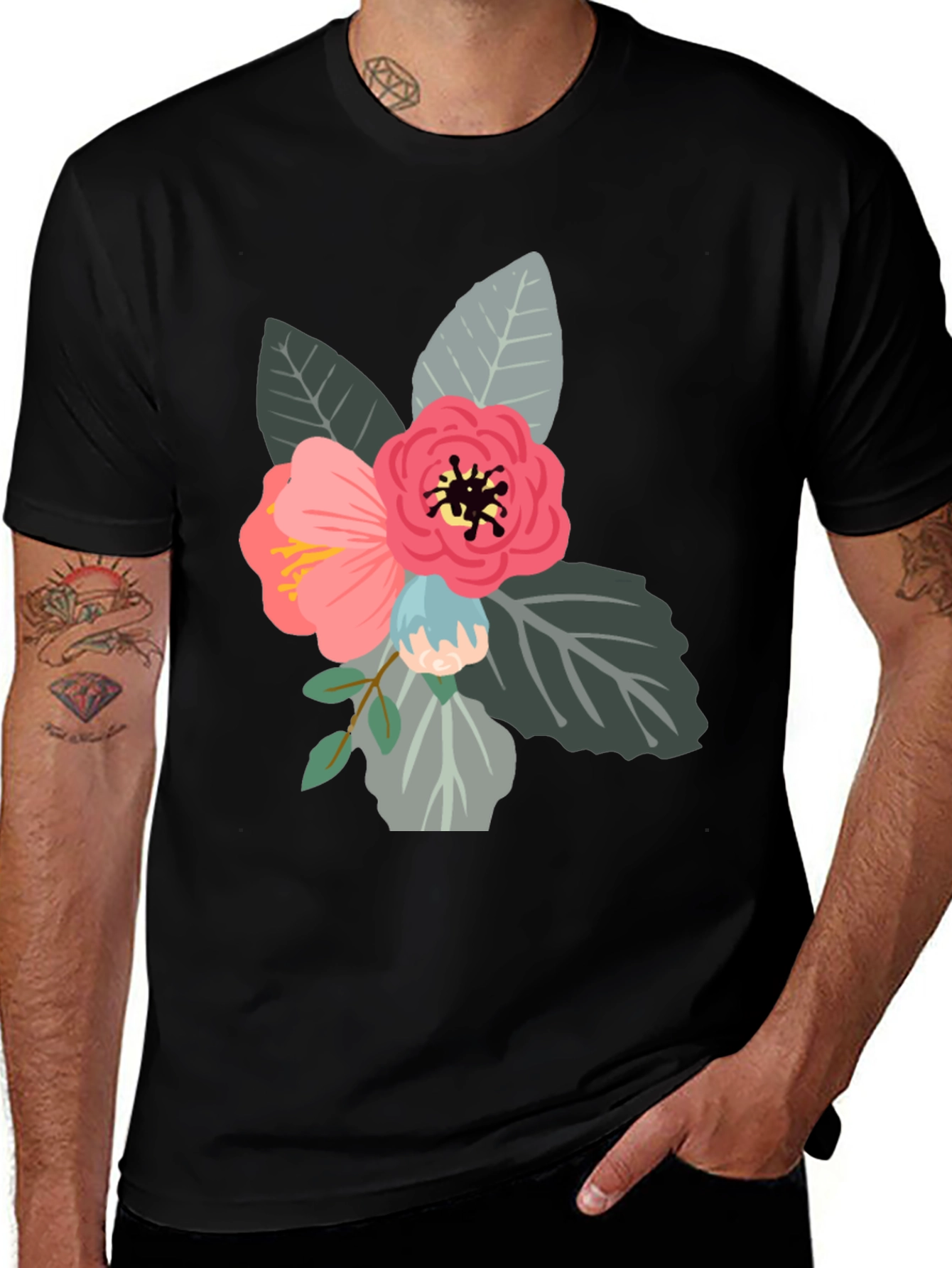 Variant 18 of Floral T-Shirt - Stylish Botanical Design, Black Tee