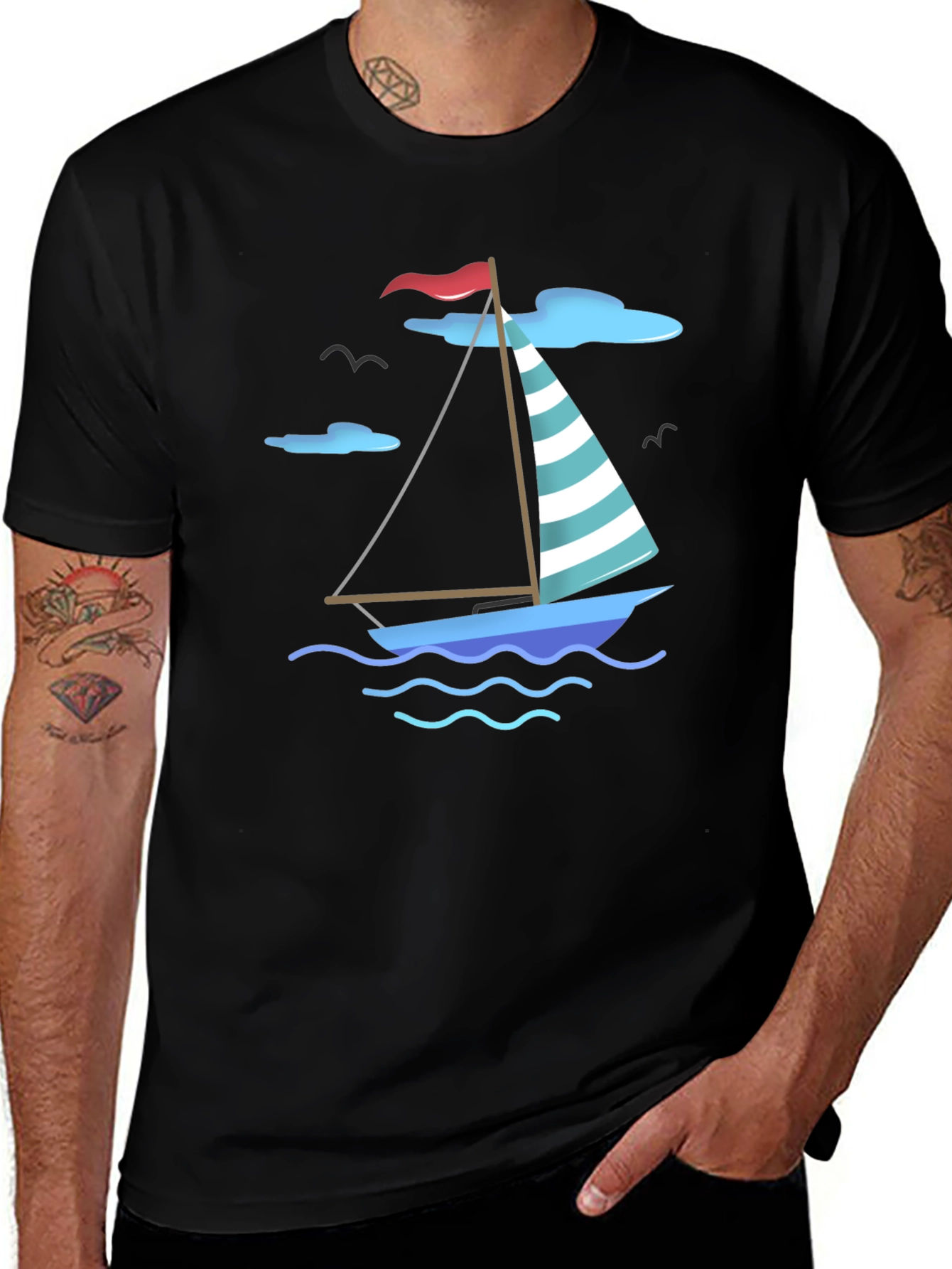 Variant 9 of Nautical Sailboat Graphic Tee - Black Cotton T-Shirt