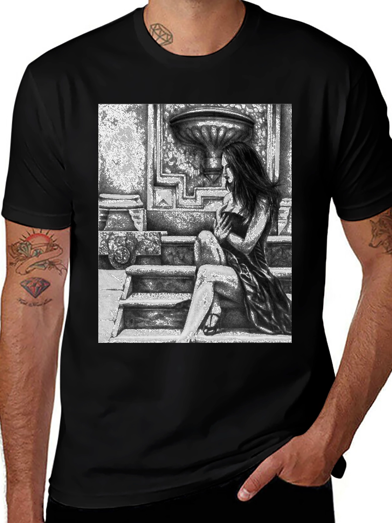 Black Gothic Beauty Tee - Woman on Steps Graphic T-Shirt main image