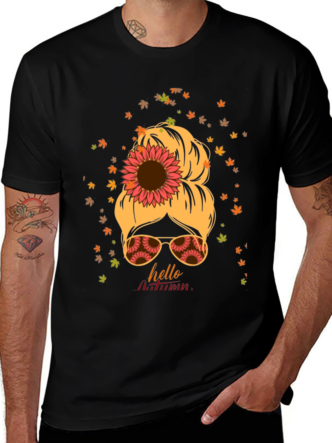 Hello Autumn Messy Bun Sunflower T-Shirt