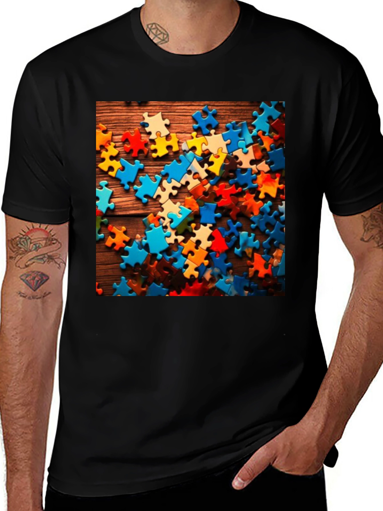 Variant 28 of Puzzle Piece Graphic Tee - Black Cotton Blend