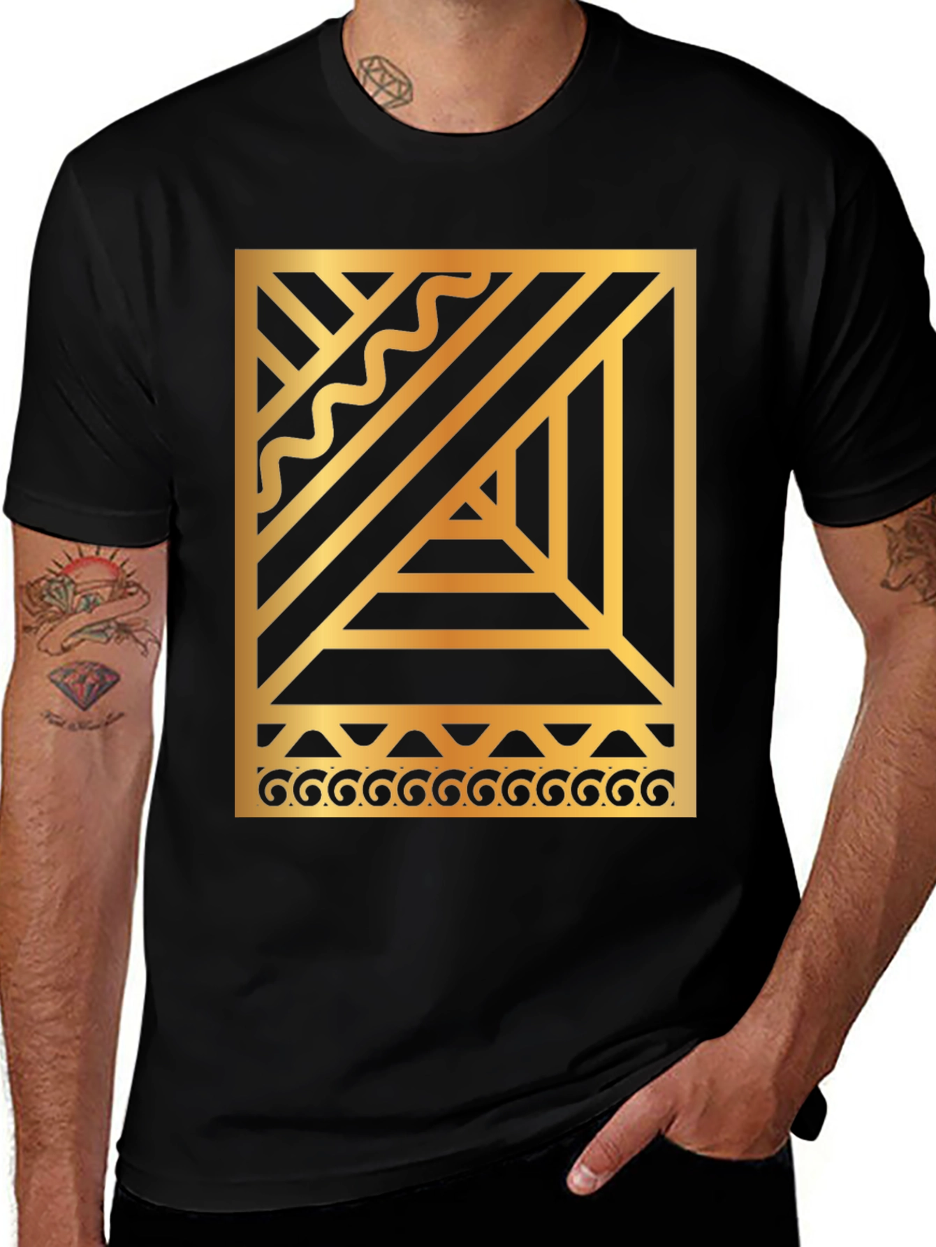 Variant 4 of Geometric Gold Print Black Tee