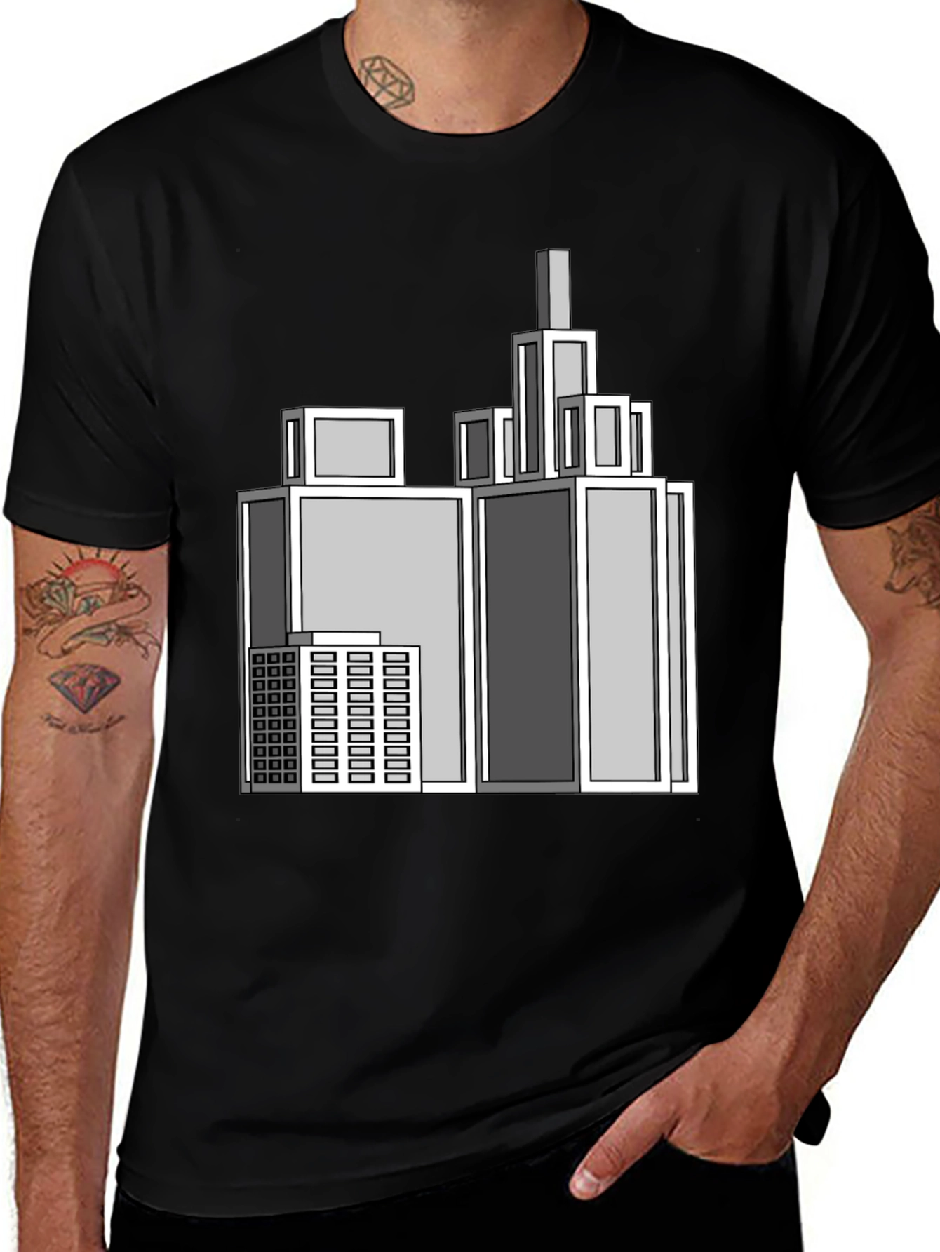 Variant 28 of Geometric Cityscape Graphic Black T-Shirt