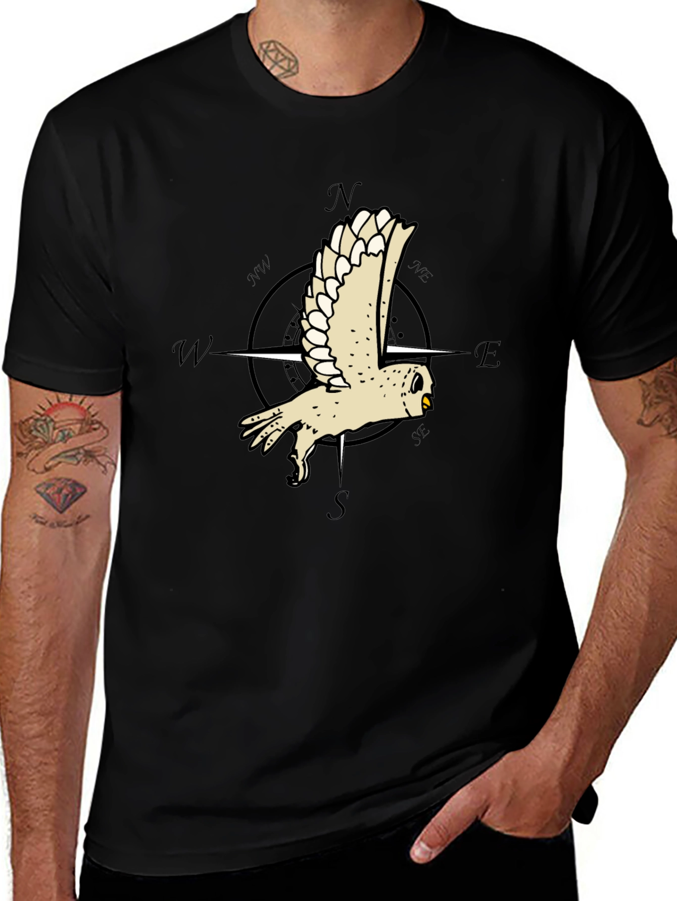 Variant 15 of Owl Compass Graphic Tee - Men's Black T-Shirt