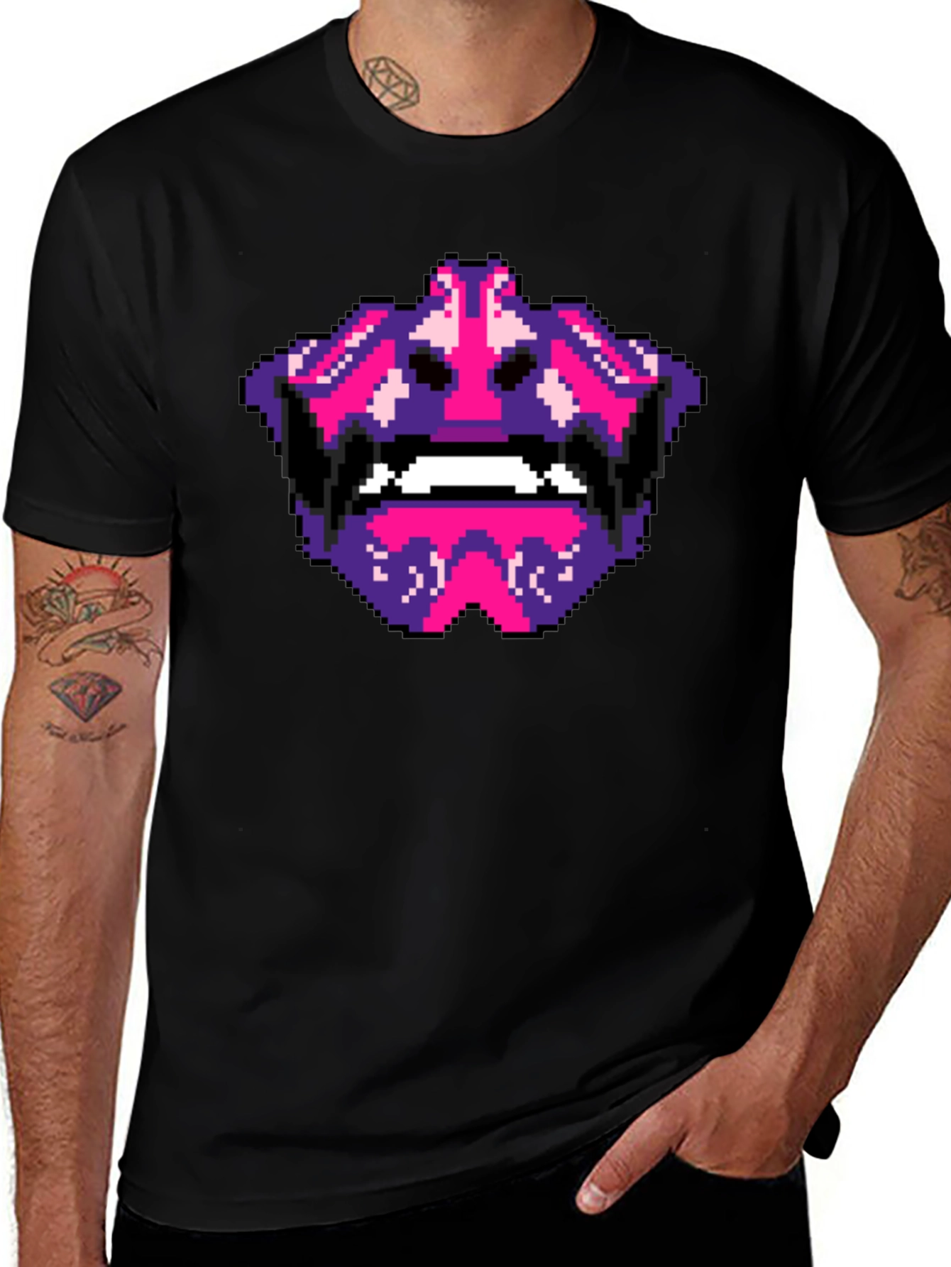 Variant 28 of Pixel Art Demon Face Graphic Tee - Black Cotton T-Shirt