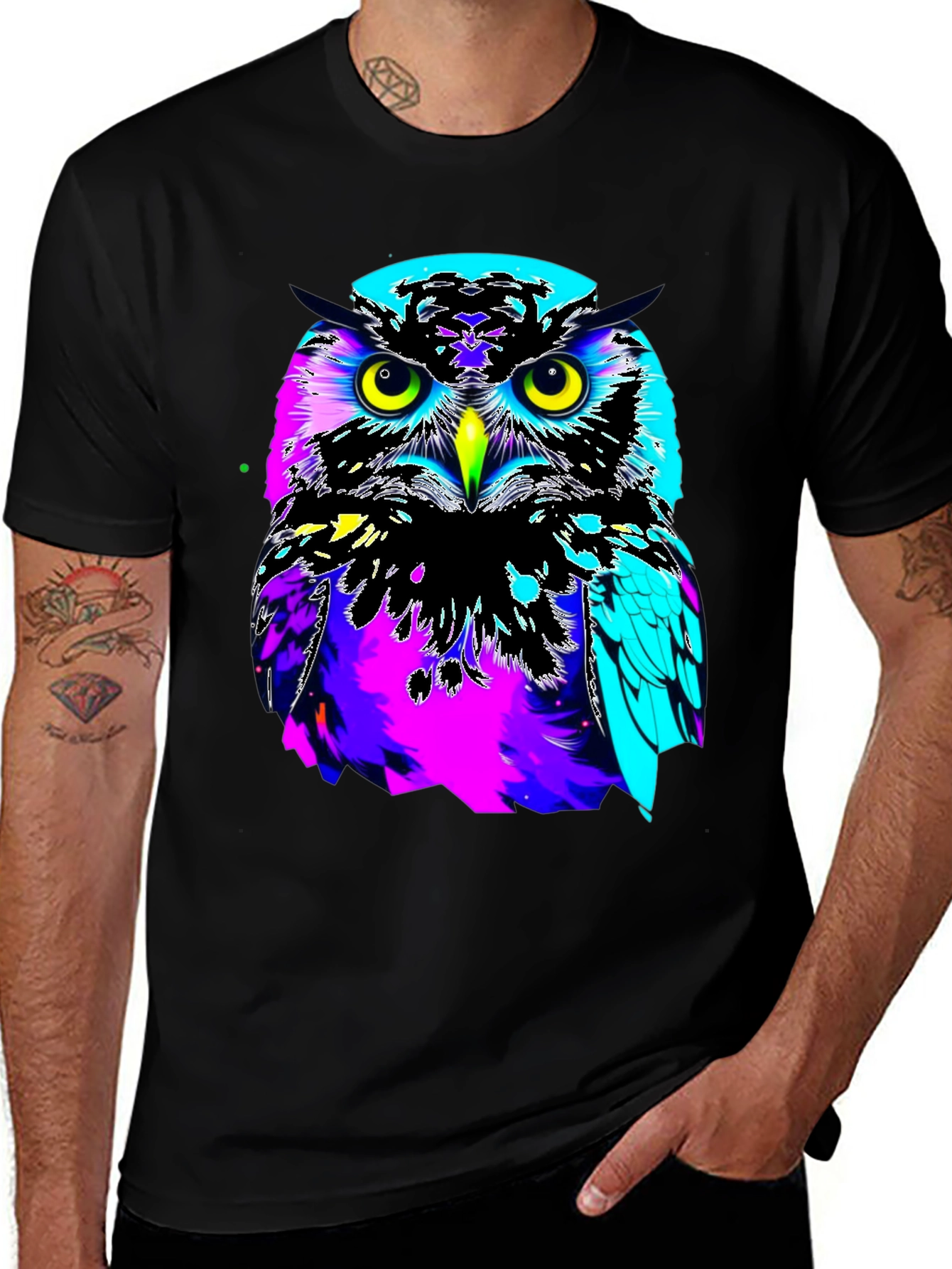 Black Vibrant Owl Graphic Black T-Shirt main image