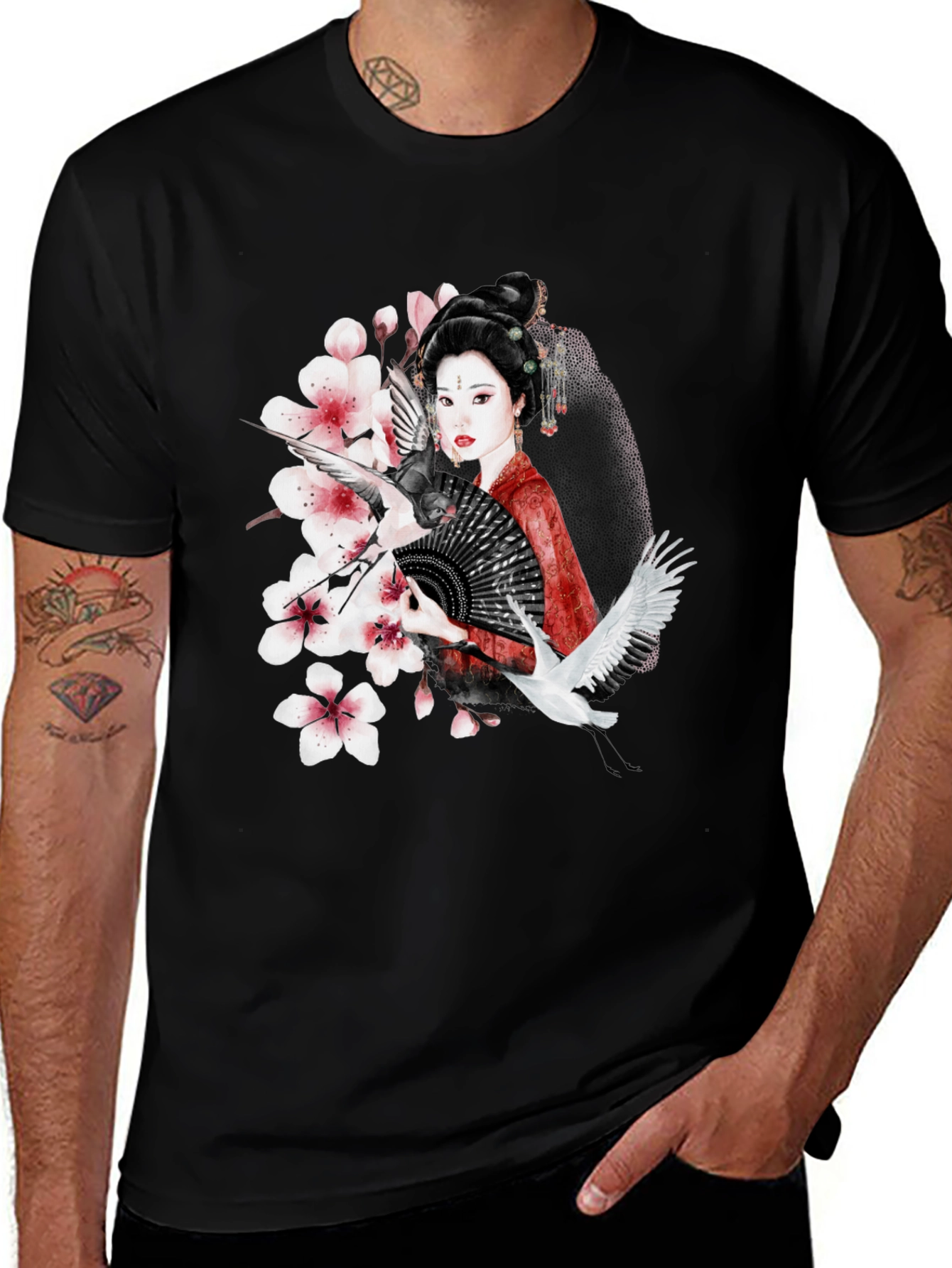 Asian Geisha Crane T-Shirt - Stylish Graphic Tee