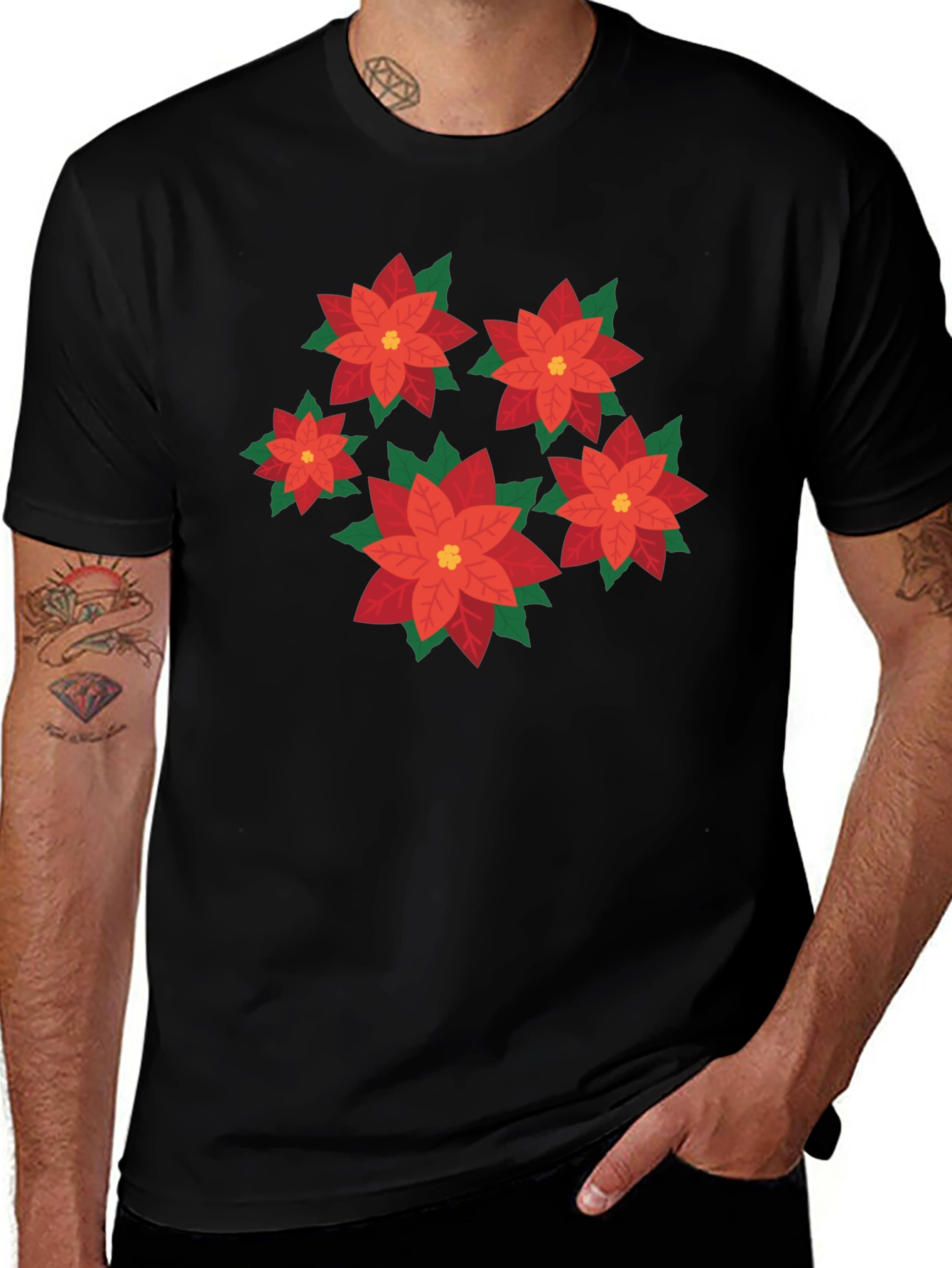 Poinsettia Flower Print Black T-Shirt